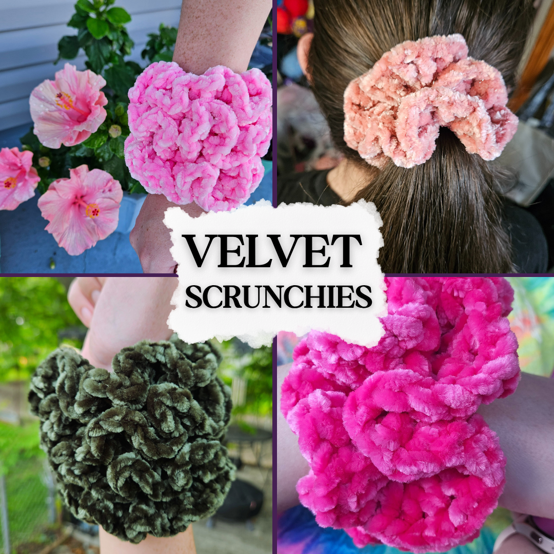 Collage of four images of velvet scrunchies in pink, pink with texture, green, and light pink colors.