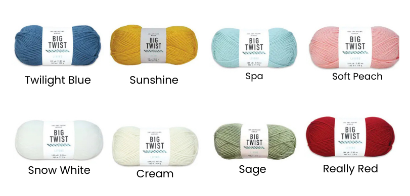 Eight skeins of yarn in various colors, arranged in two rows. Top row from left to right: Twilight Blue, Sunshine, Spa, Soft Peach. Bottom row from left to right: Snow White, Cream, Sage, Really Red.