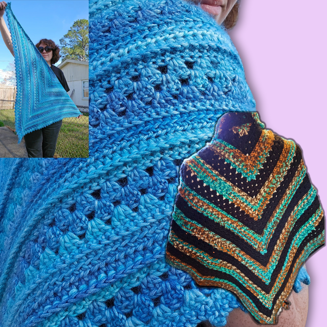 Collage of three photos of knitted items: a woman holding a blue shawl outdoors, a close-up of a blue crochet piece, and a multicolored shawl with geometric patterns.