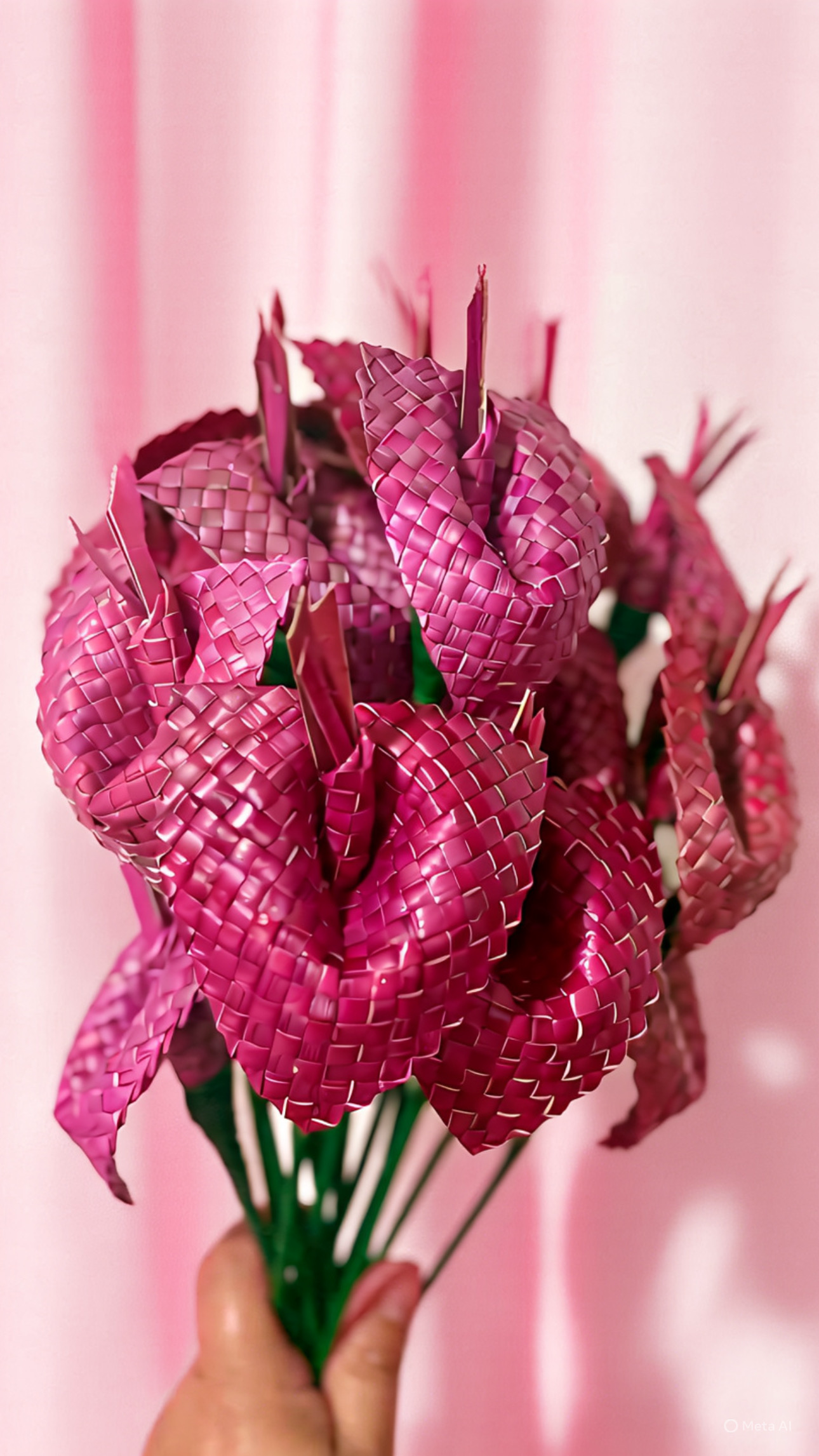 A hand holding a bouquet of pink woven artificial roses against a pink background.