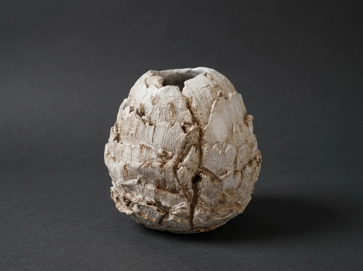 Vase en céramique blanc avec texture irrégulière sur fond gris