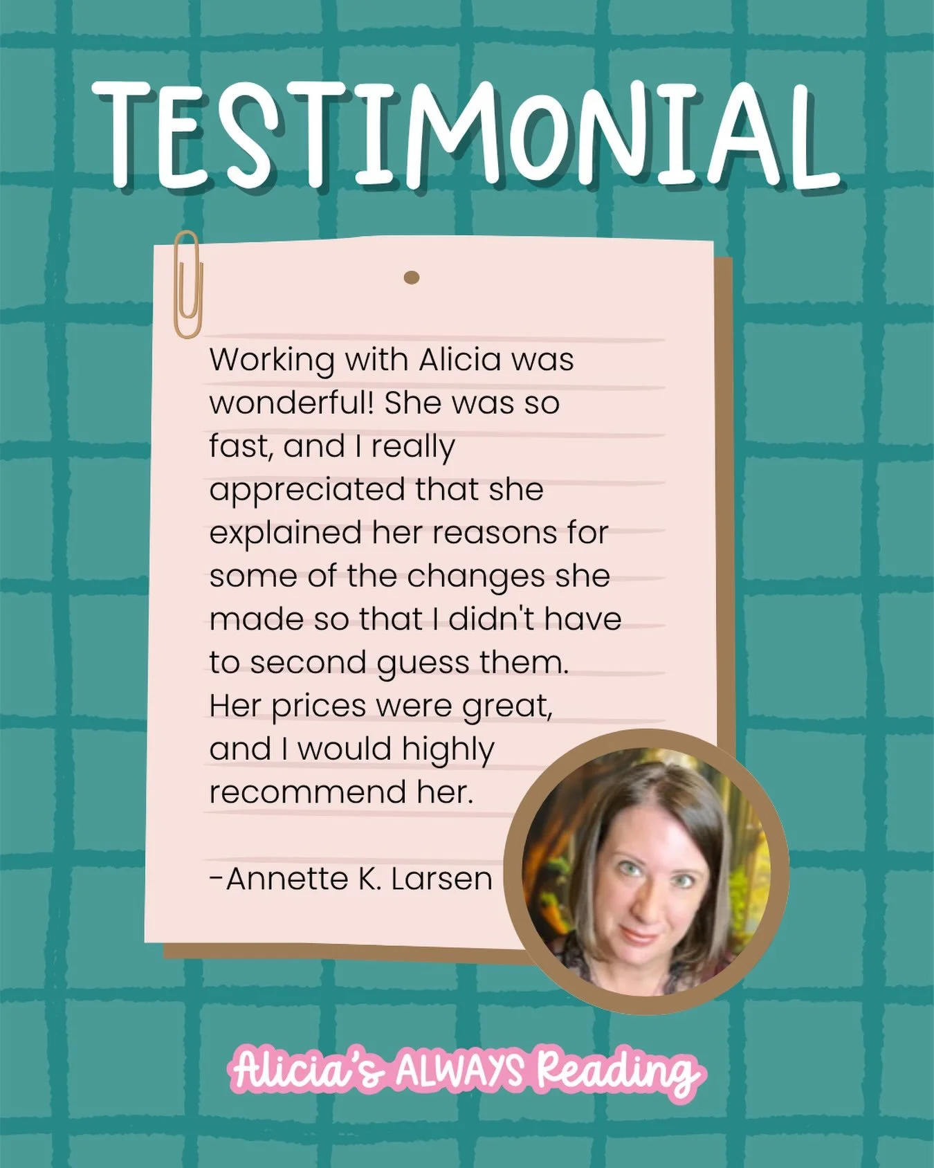 👍🏻TESTIMONIAL THURSDAY👍🏻

Annette&rsquo;s latest contemporary romance book, Exes and Other Unexpected Guests, just released two days ago! It had one of the most humorous animal characters and was overall just fun. Go check it out!

Keywords: Alic
