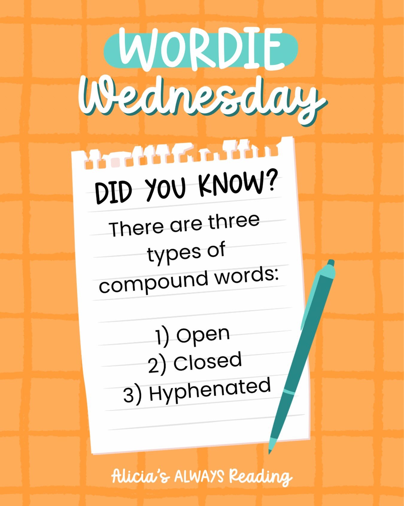 💬WORDIE WEDNESDAY💬

So, I have very few memories from before my parents&rsquo; divorce, but one of them is the lesson on compound words in second grade. I loved that lesson so much! But here&rsquo;s the thing: We only learned about closed compound 