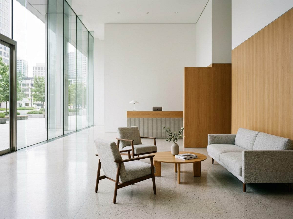 Modern, minimalist lobby with large glass windows, white walls, wooden accents, beige sofa, two armchairs, a coffee table with a plant, and a reception desk in the background.