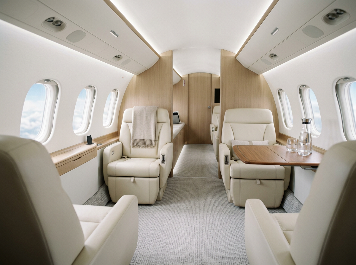 Interior of a private jet with beige leather seats, wooden accents, and windows showing clouds outside.