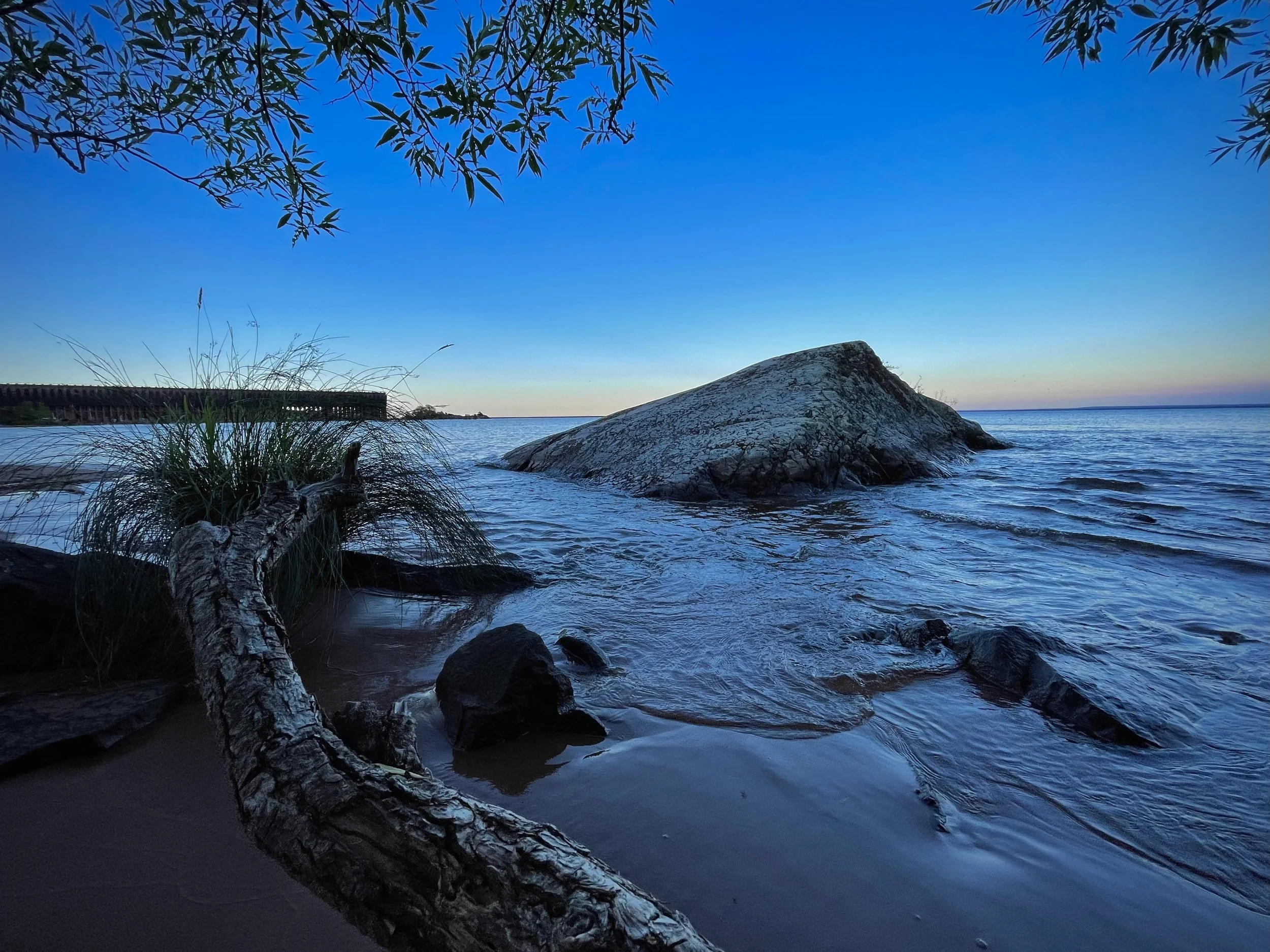 A rocky shoreline at sunset with a large sloped rock in the water, some grass and driftwood in the foreground, and tree branches at the top of the image, with a pier in the distance against a blue sky.