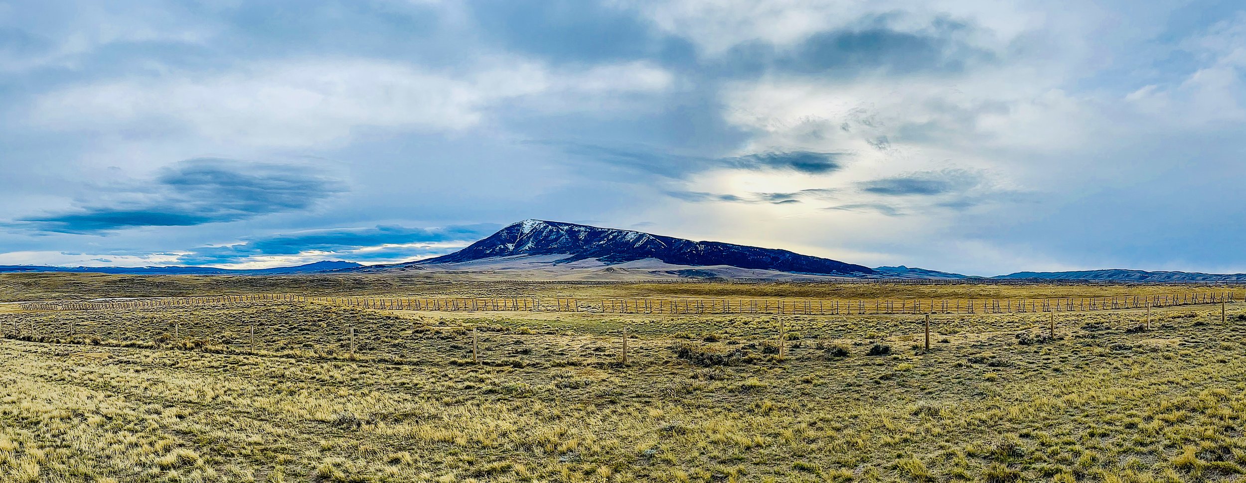 A vast, open grassland with a mountain in the distance under a cloudy sky.