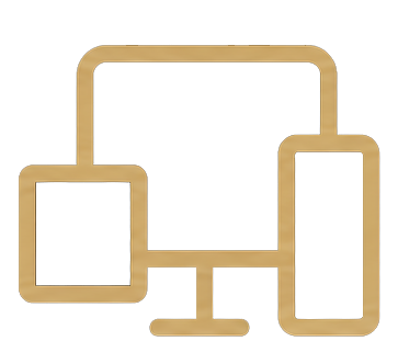 Icon of a desktop monitor, a tablet, and a smartphone, all in gold color.