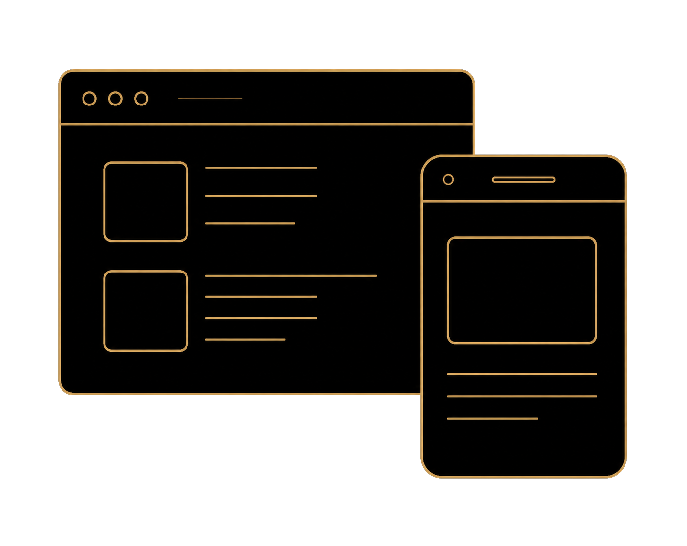 Golden outline illustration of a computer and a smartphone on a dark background.