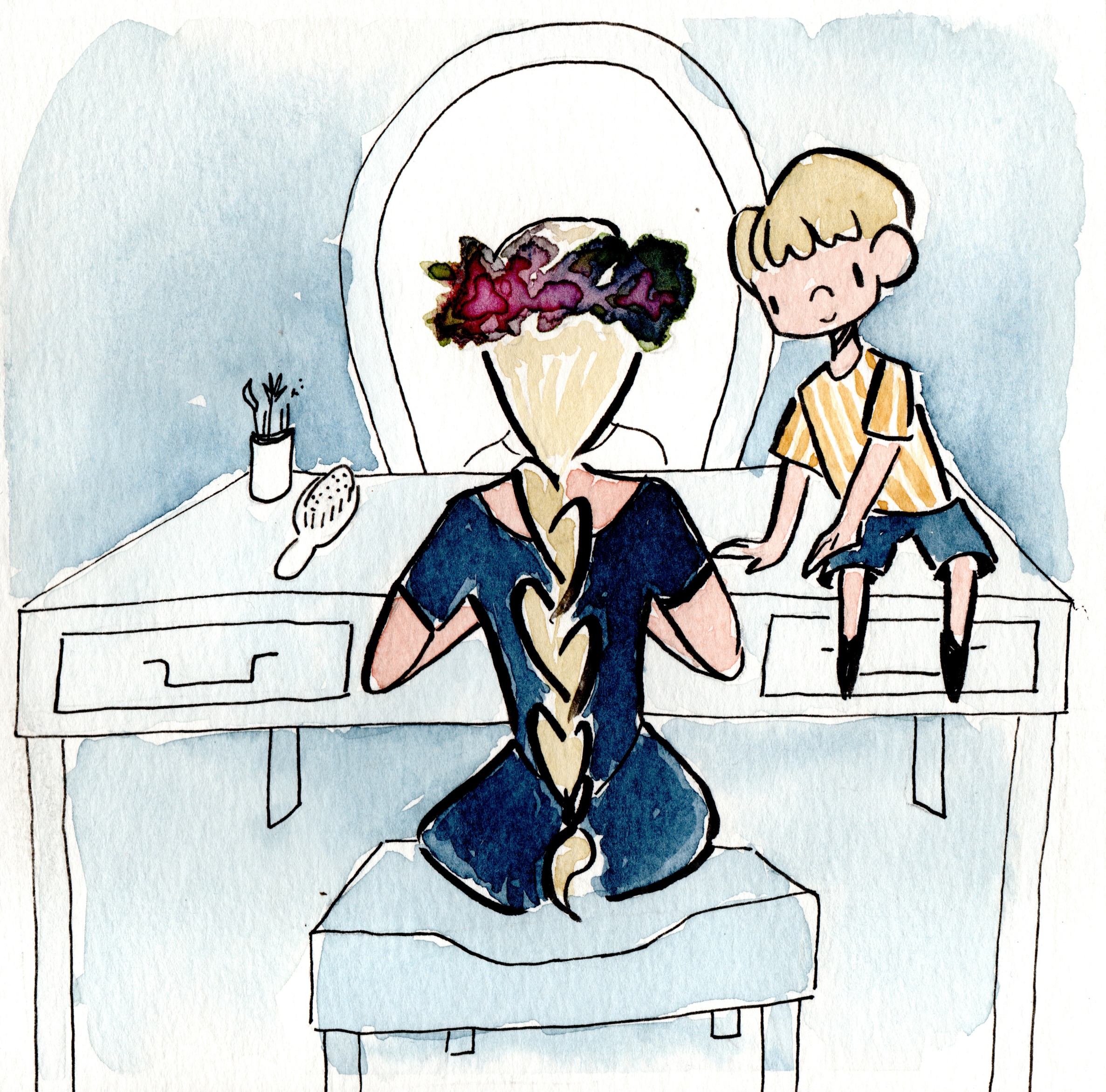 Woman at vanity mirror with child