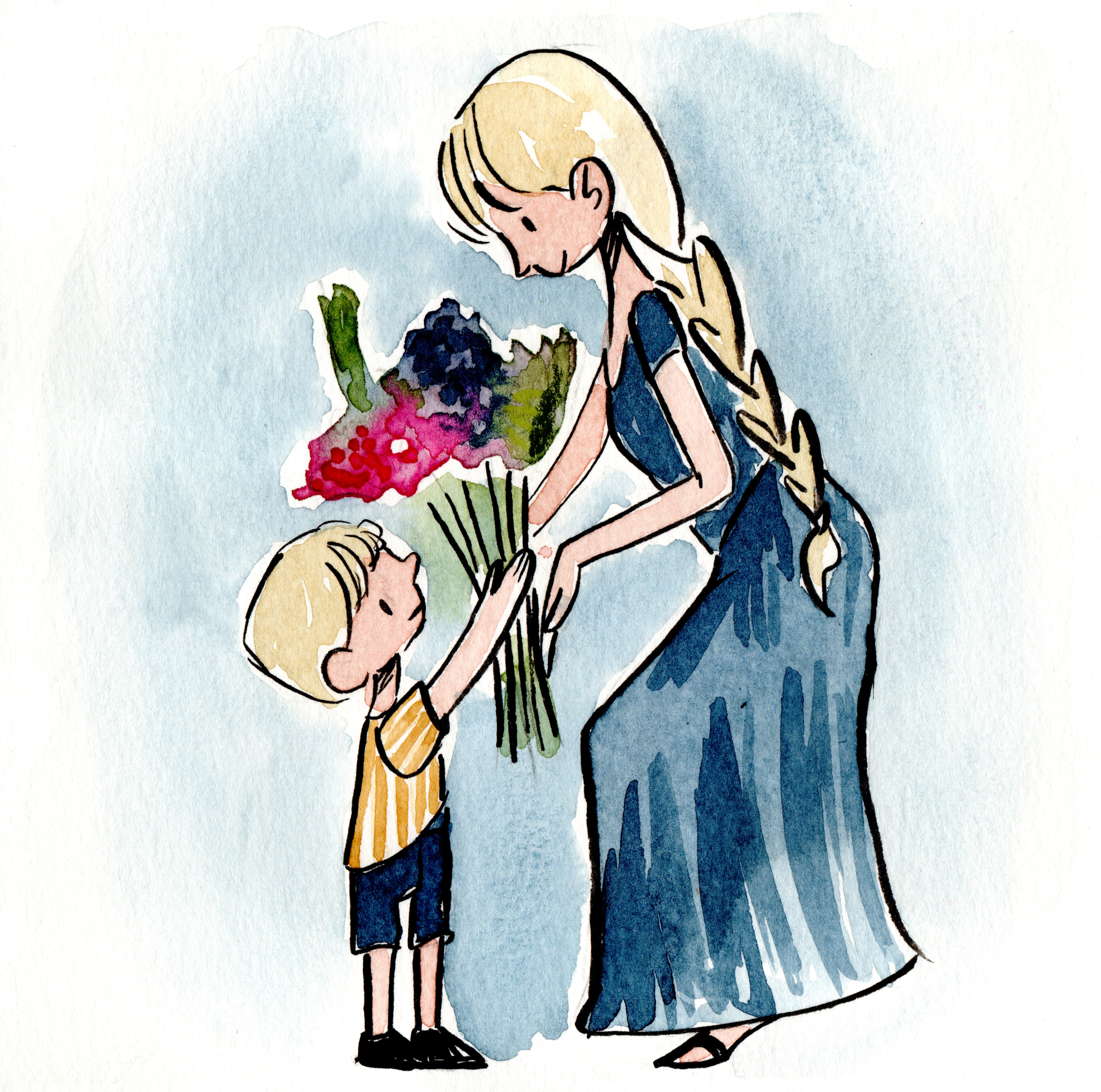 Child giving bouquet to mother