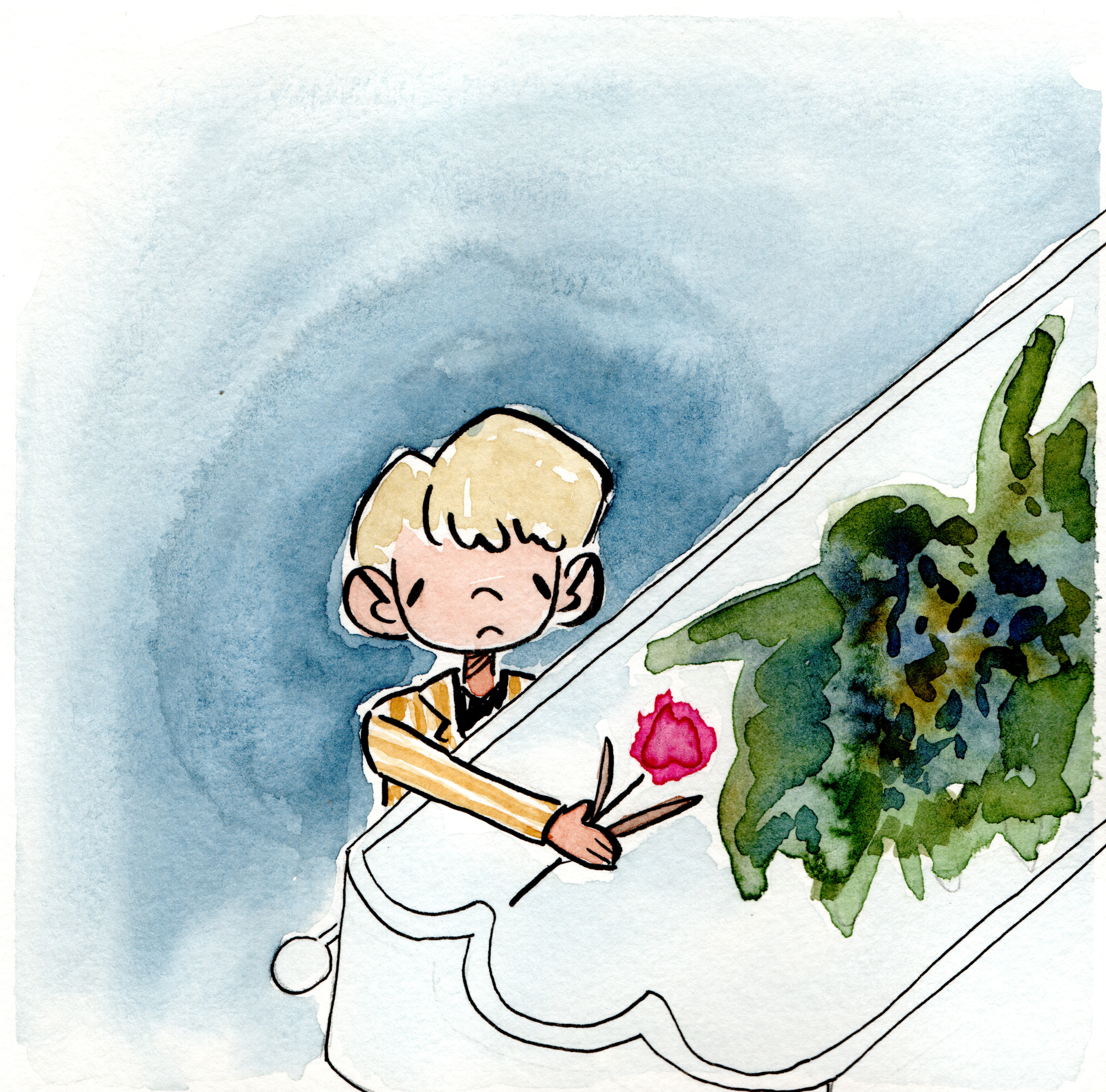 Boy sad at coffin with flower