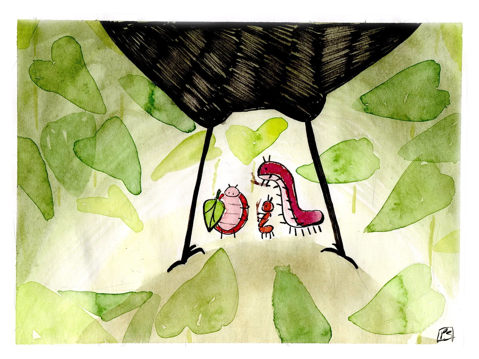 Bugs fighting a bird