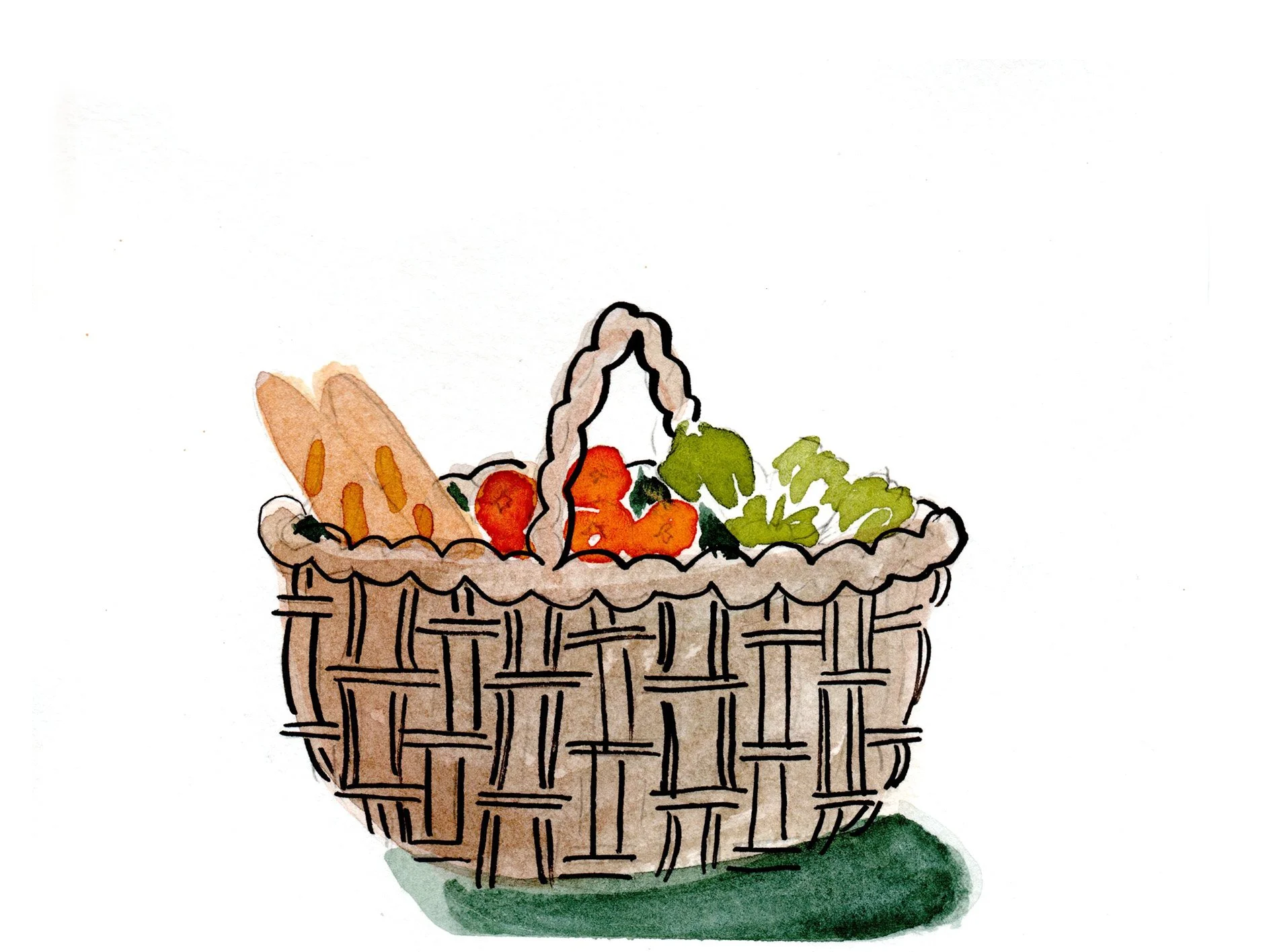 Woven basket with vegetables and bread