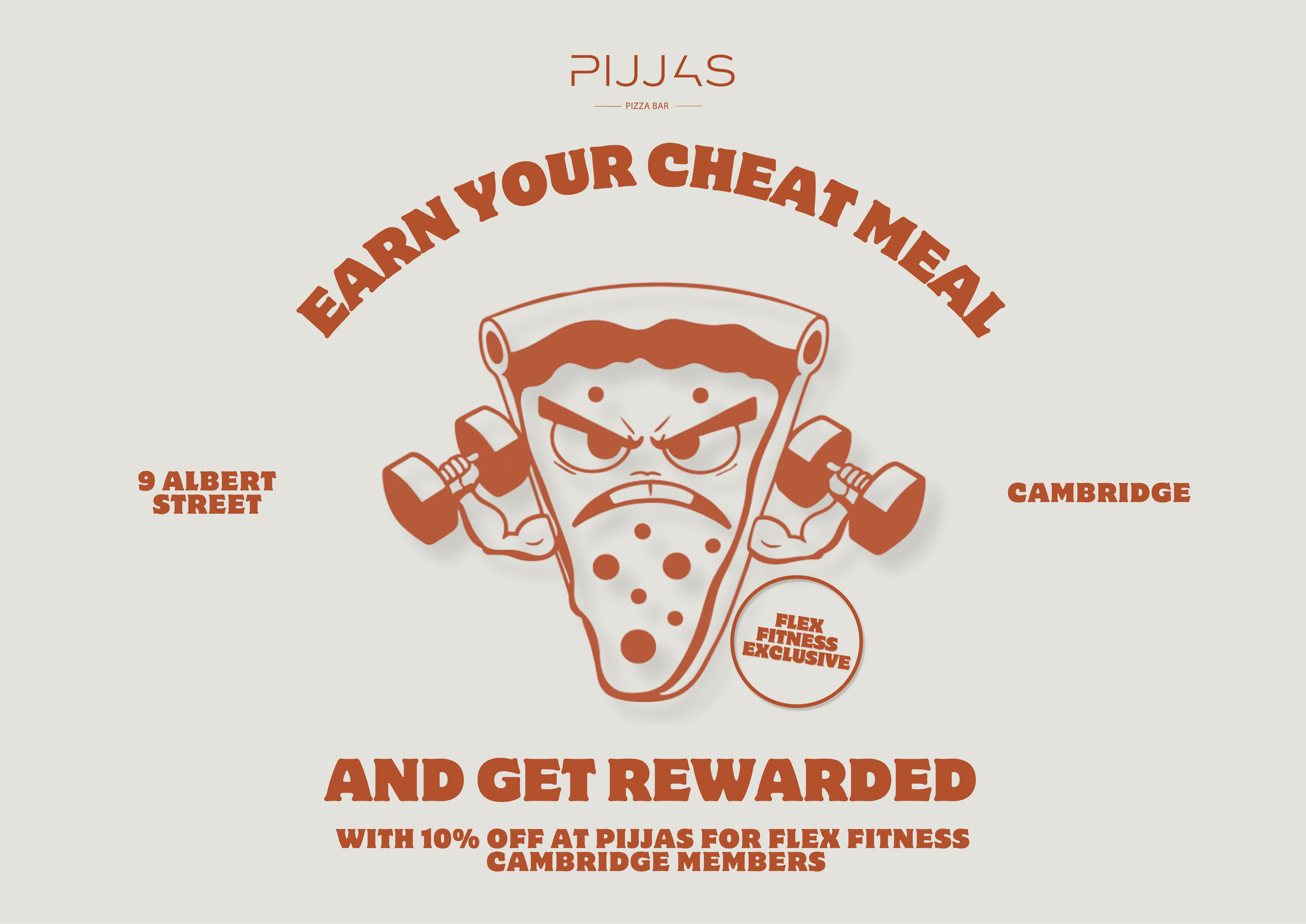 Flyer for Pijas Pizza Bar featuring an angry cartoon pizza slice lifting dumbbells, with text promoting a discount for Cambridge members.