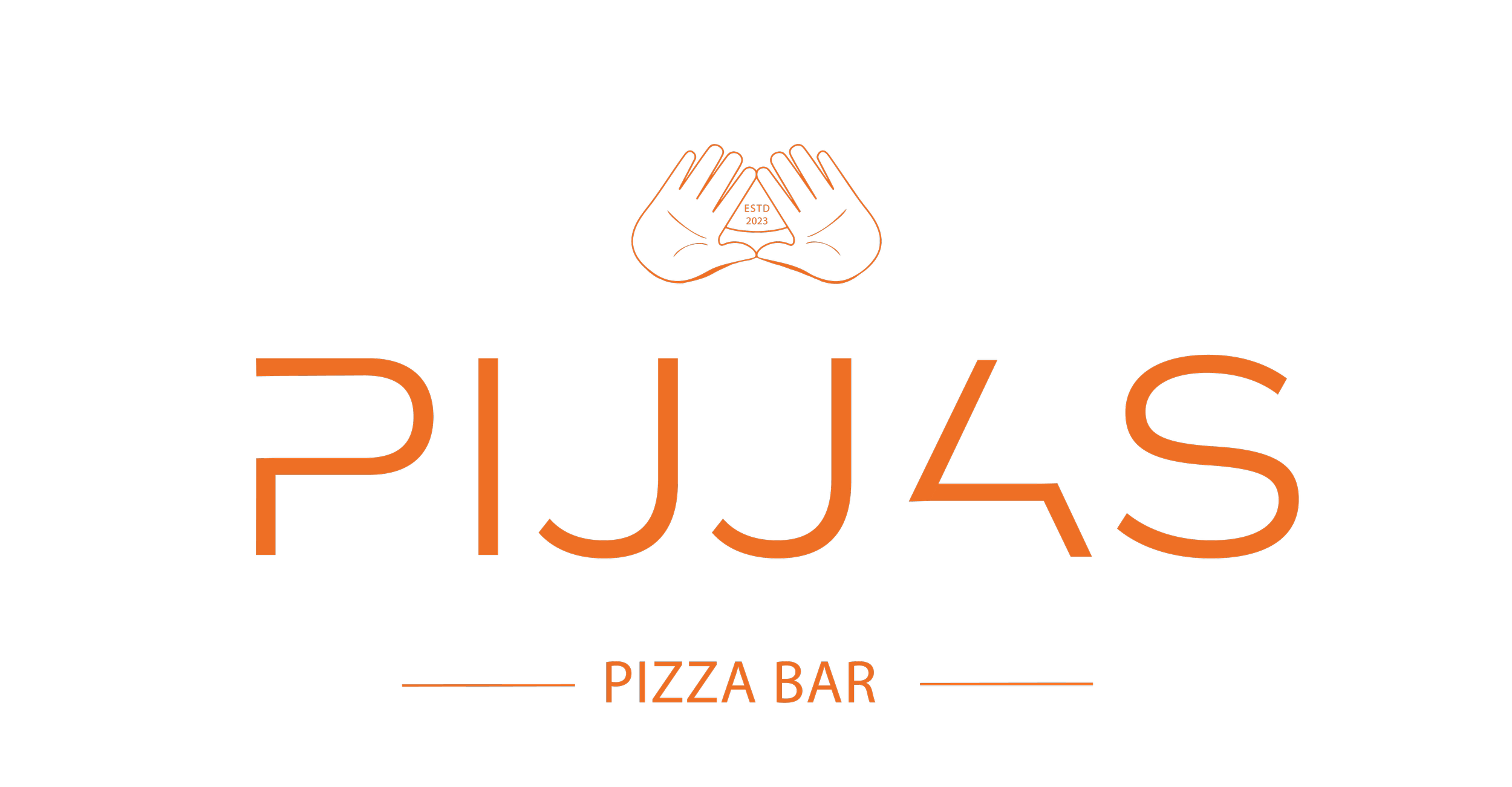 Logo for a pizza bar featuring a stylized image of two hands with palms facing each other and the text 'PIZZA' in large orange letters, with 'PIZZA BAR' below.