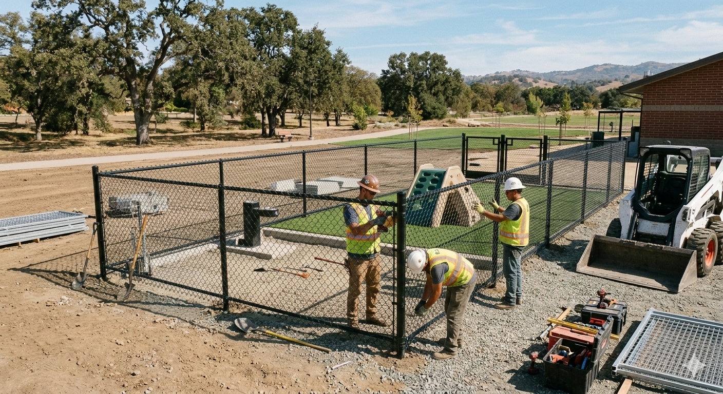 Construction workers installing a black chain-link fence around a play area at a park. The workers are wearing safety vests and helmets. Equipment and tools are visible on the ground.