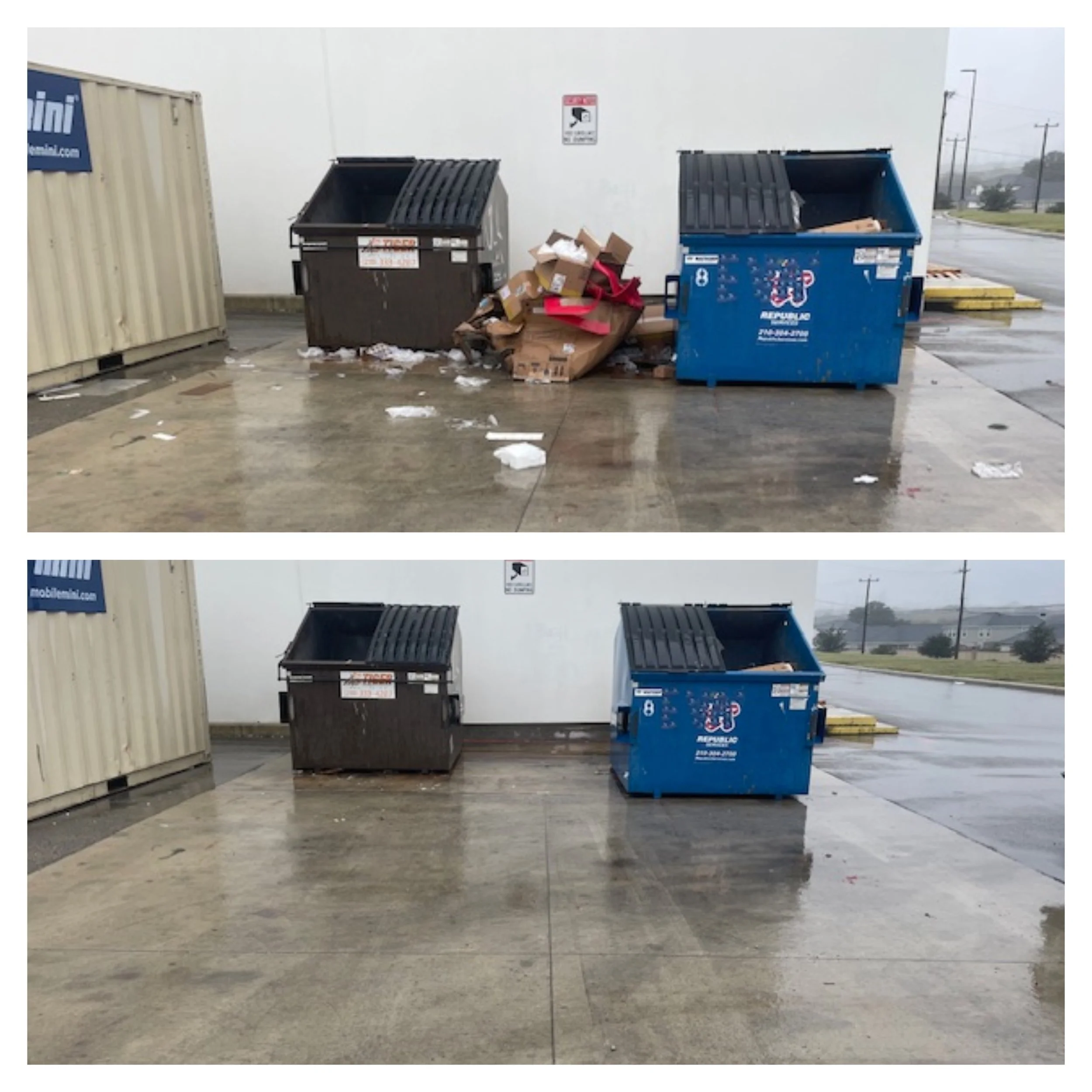 Comparison of a dumpster pad before and after we cleaned the area on a wet ground.