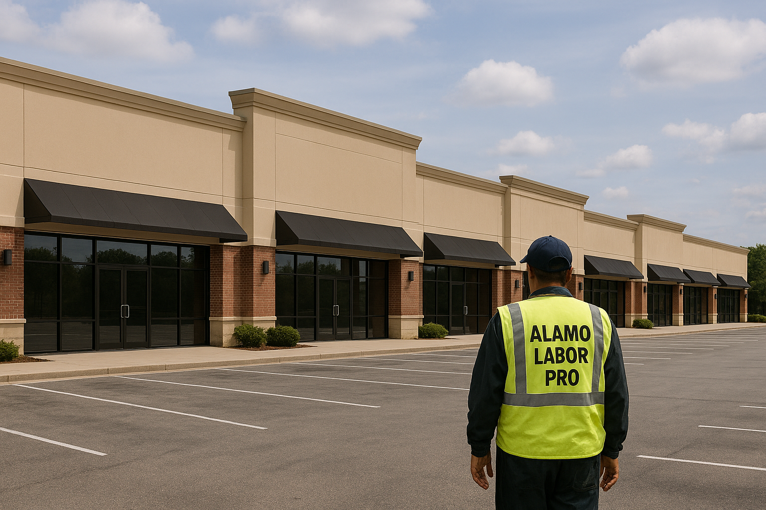 A man wearing a yellow vest with 'ALAMO LABOR PRO' printed on the back stands in an empty parking lot in front of a row of commercial storefronts with black awnings.