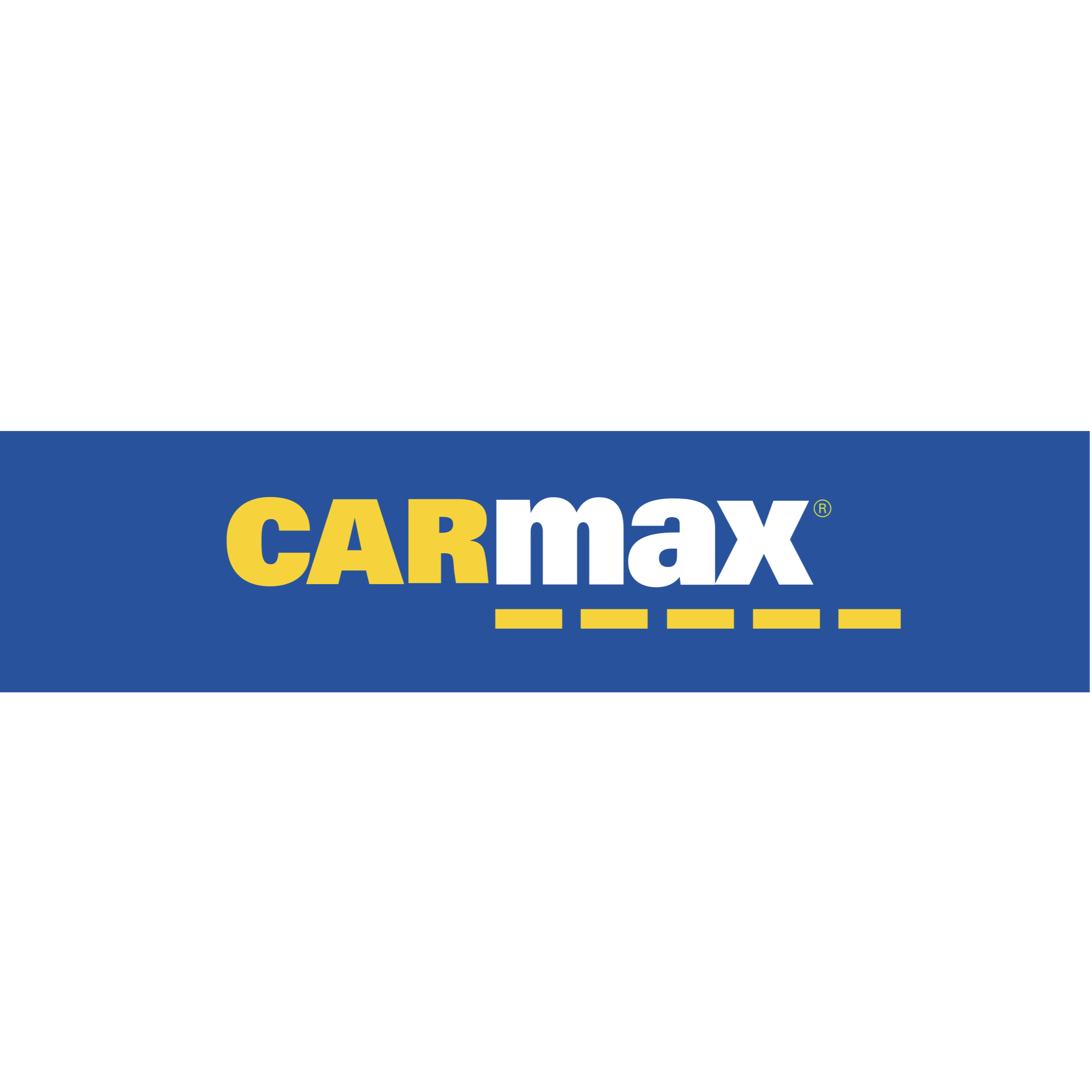 CarMax logo on a black background with a blue banner featuring yellow and white text and markings.