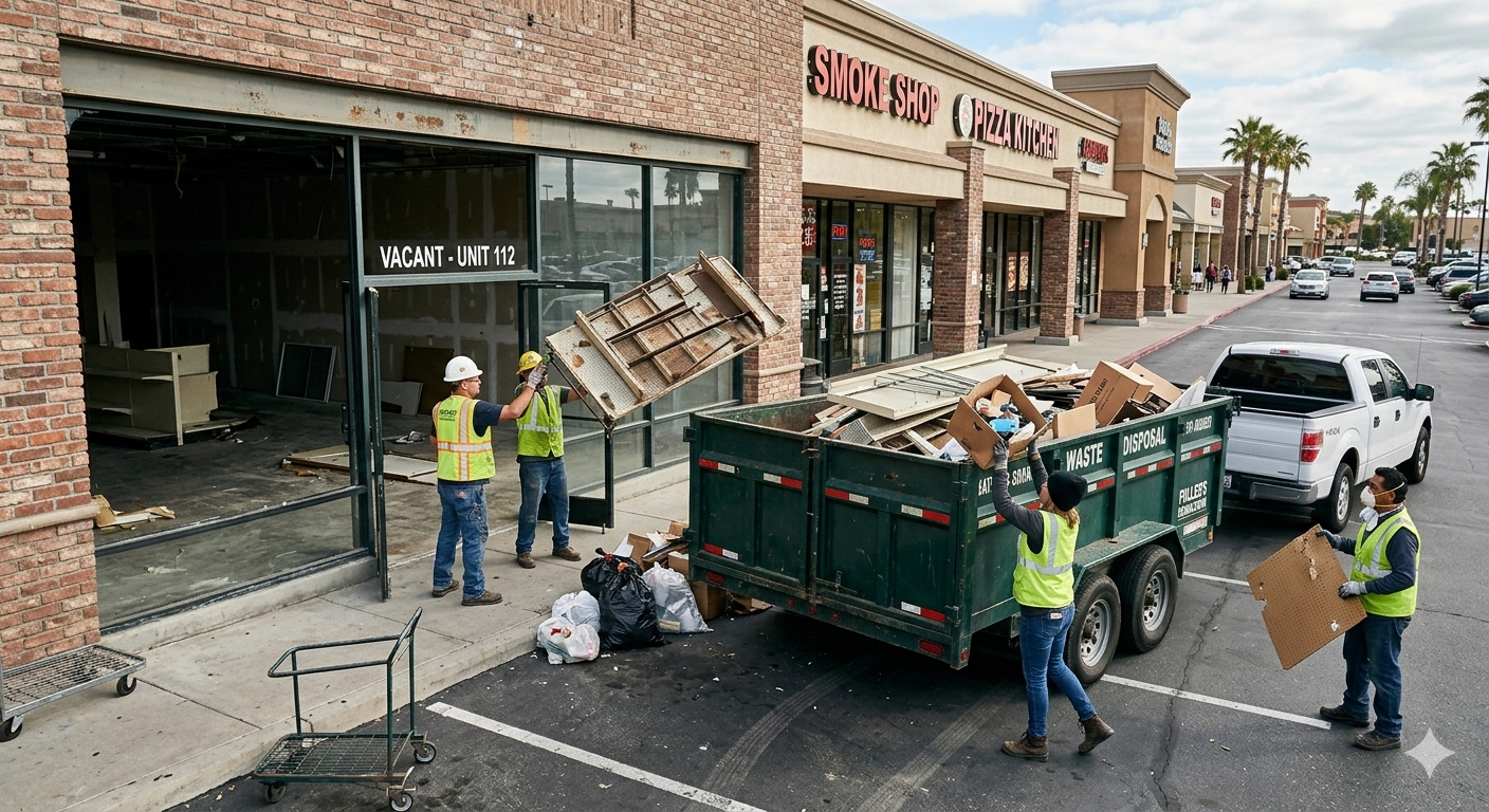Construction workers unloading waste and debris from a dumpster outside a commercial building with retail stores in a shopping center.