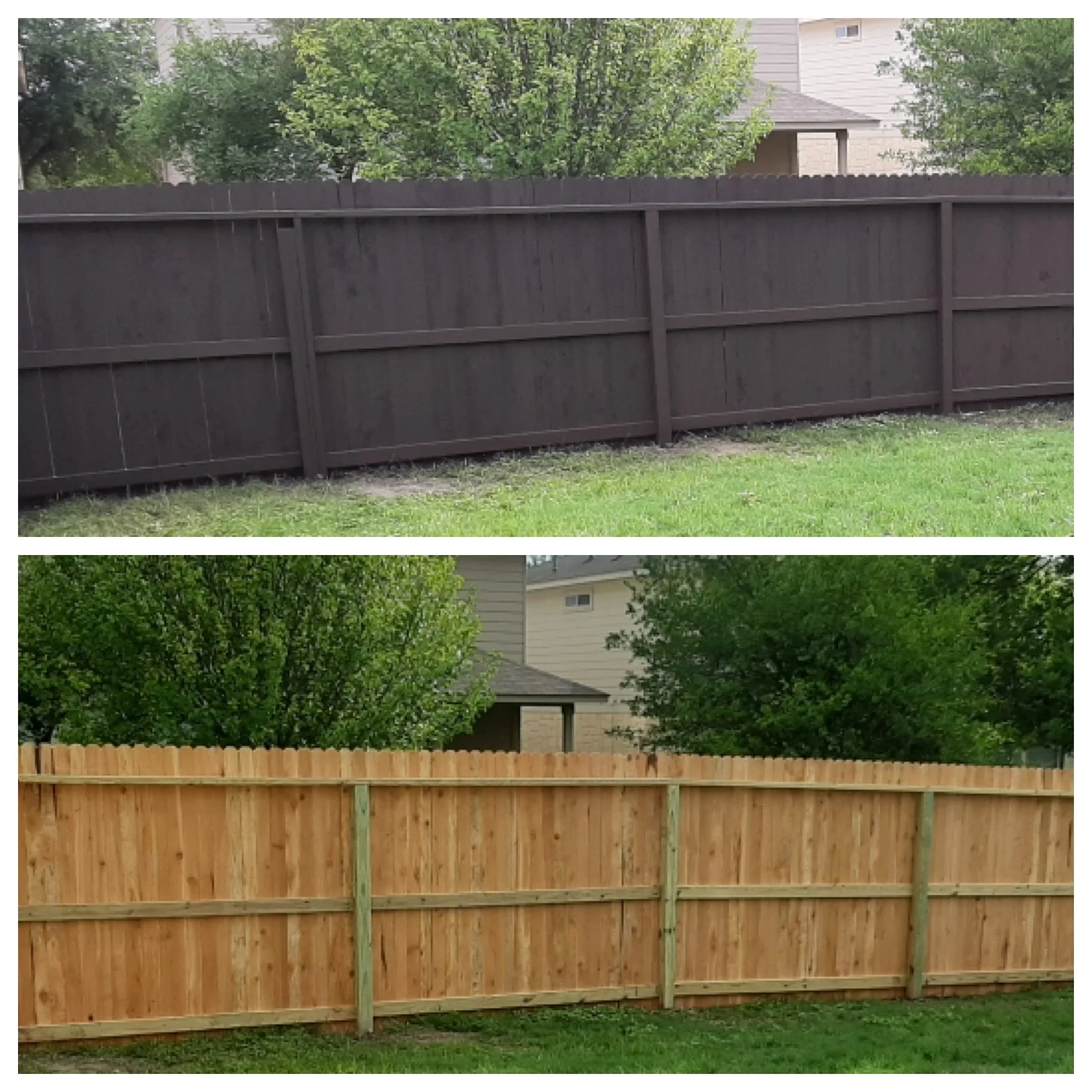 Comparison of two wooden fences in a backyard, one stained dark brown at the top and one natural wood at the bottom, with greenery and houses in the background.