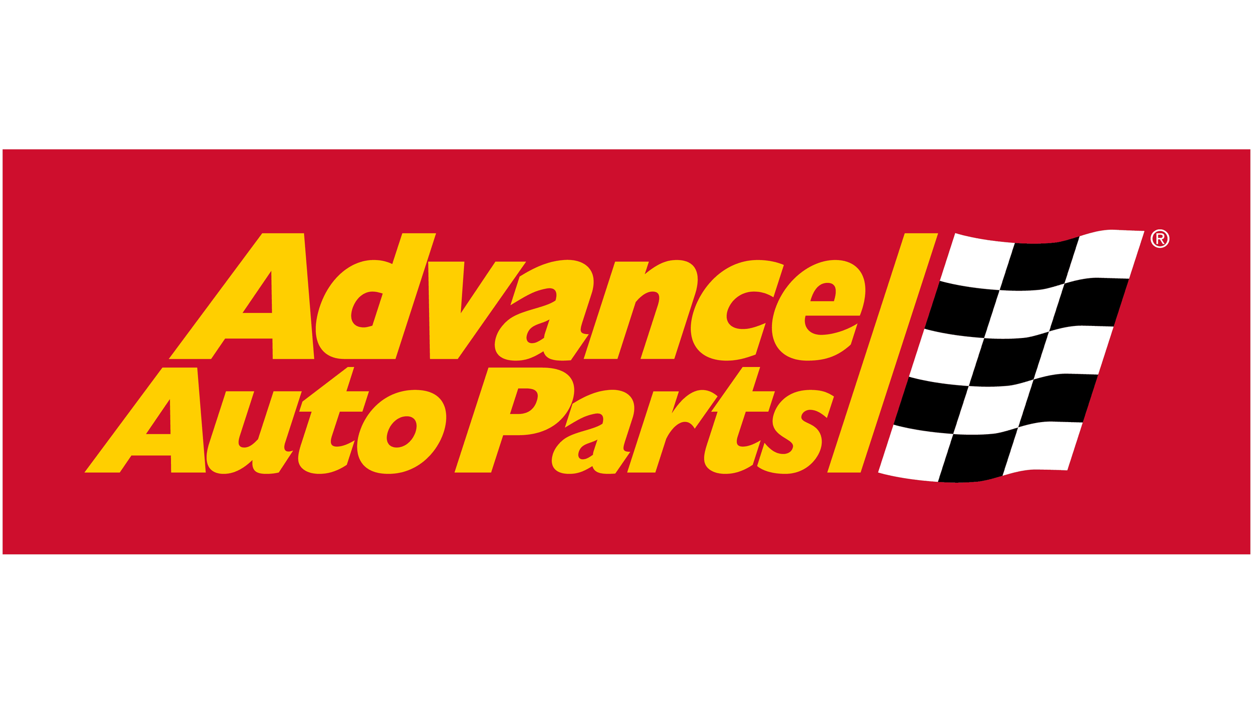 Advance Auto Parts logo with red background, yellow text, and a black and white checkered flag.