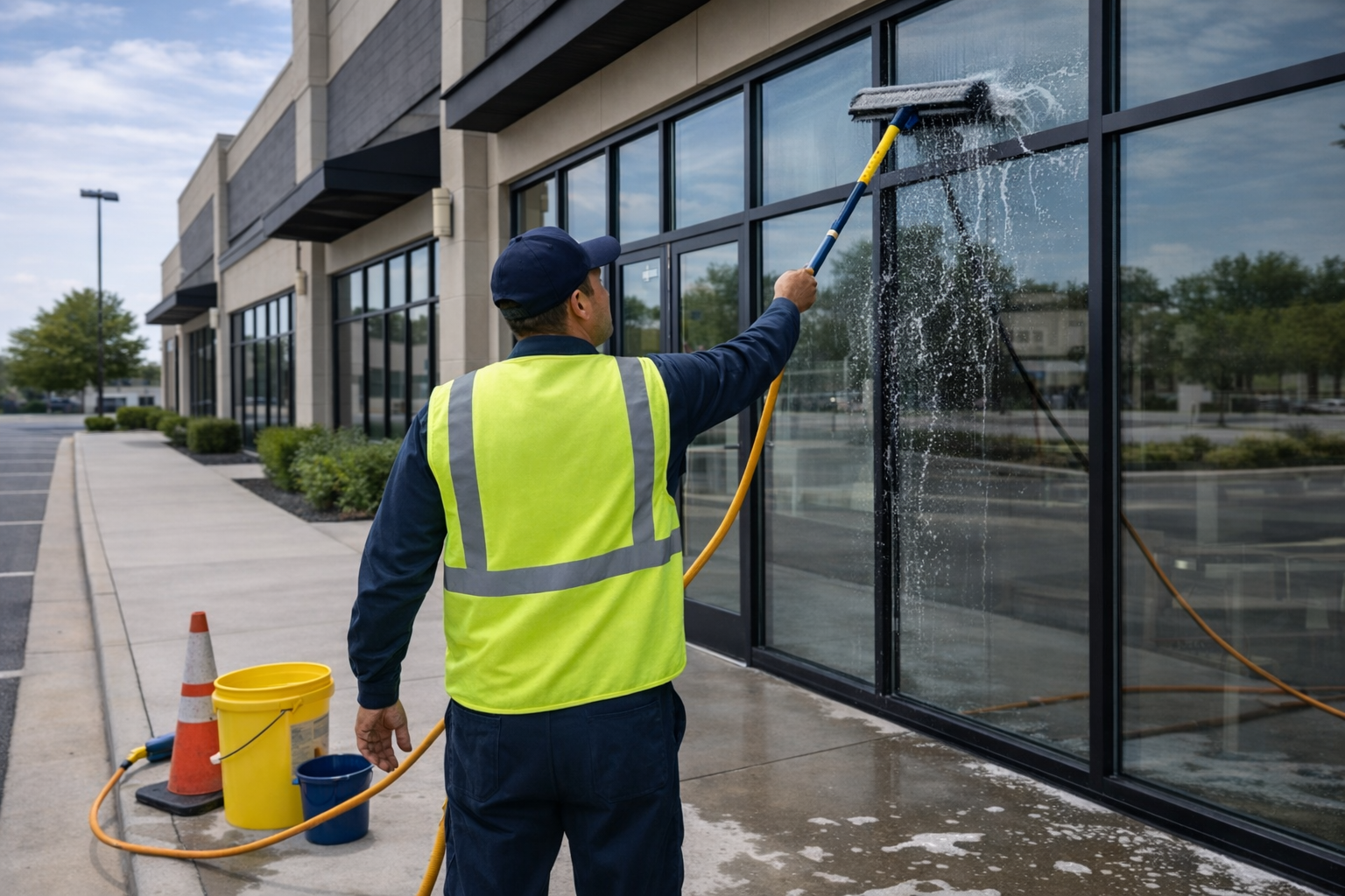 A worker in a high-visibility yellow vest and blue clothing uses a pressure washer to clean the large glass windows of a commercial building on a sidewalk.