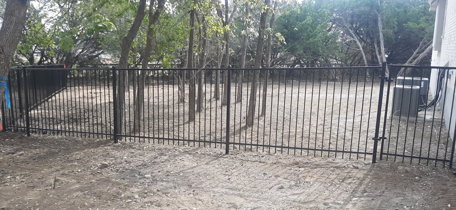 A backyard enclosed by a black iron fence with trees and a house on the right side.