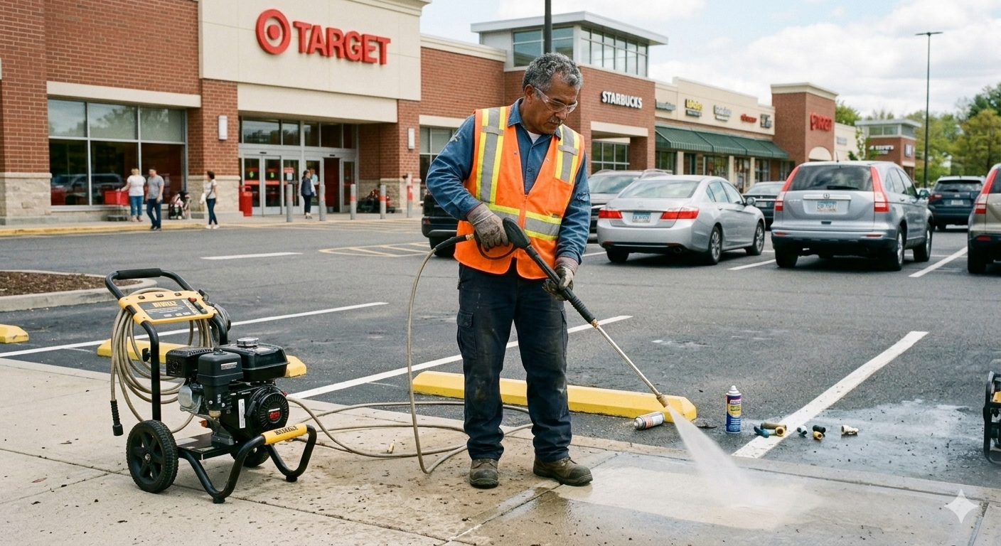 A worker power washing the sidewalk outside a shopping plaza.