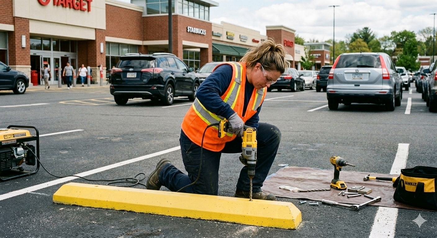 A woman kneeling on a parking lot ground installing a parking stop, wearing a reflective safety vest and gloves, with other tools laid out on a mat nearby, in front of a shopping center.