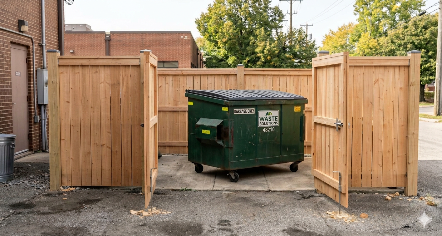 A green waste disposal dumpster inside a wooden privacy fence enclosure, on a concrete pad, with trees and buildings visible in the background.