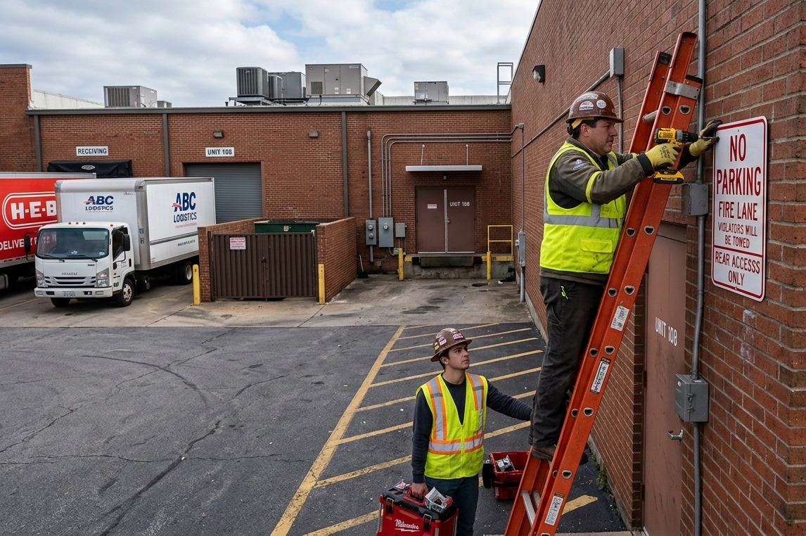 Two workers in safety vests and helmets installing a sign that reads 'No Parking Fire Lane' on a brick wall outside a building. One worker is on a ladder using a power drill, while the other stands on the ground holding a toolbox.