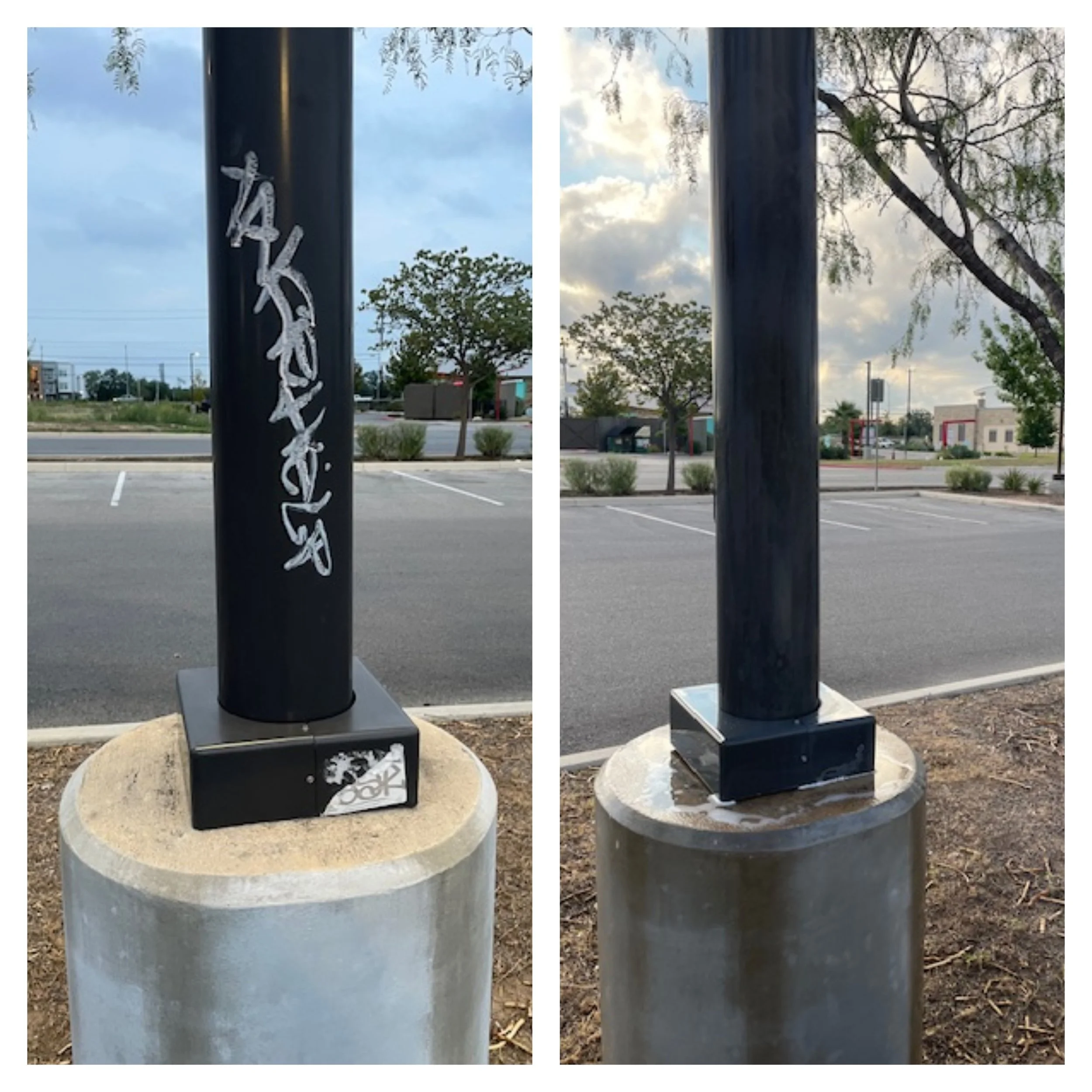 Comparison of a black metal pole with graffiti on it, shown before and after we cleaned it, mounted on a concrete base in a parking lot with trees and buildings in the background.