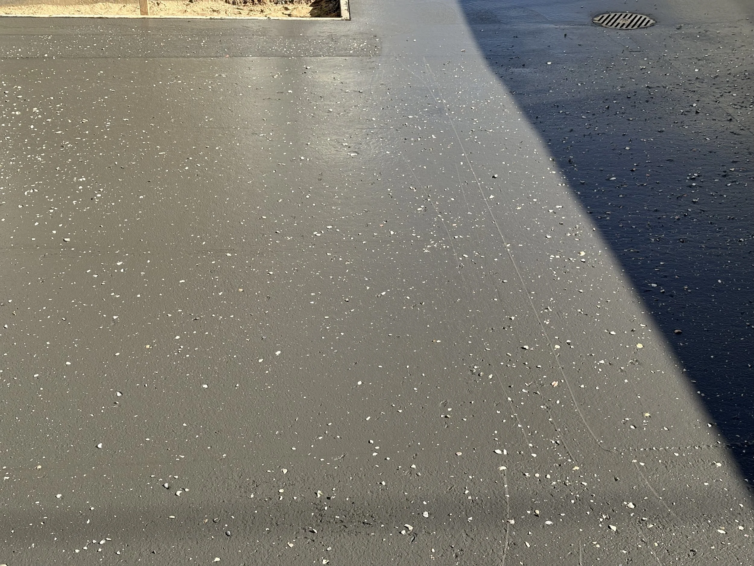 Concrete sidewalk with scattered small shells, with a shadow cast on part of it, rounded drain grate in the corner.