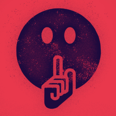 Graphic of a black skull with a middle-finger gesture in front of a red background.