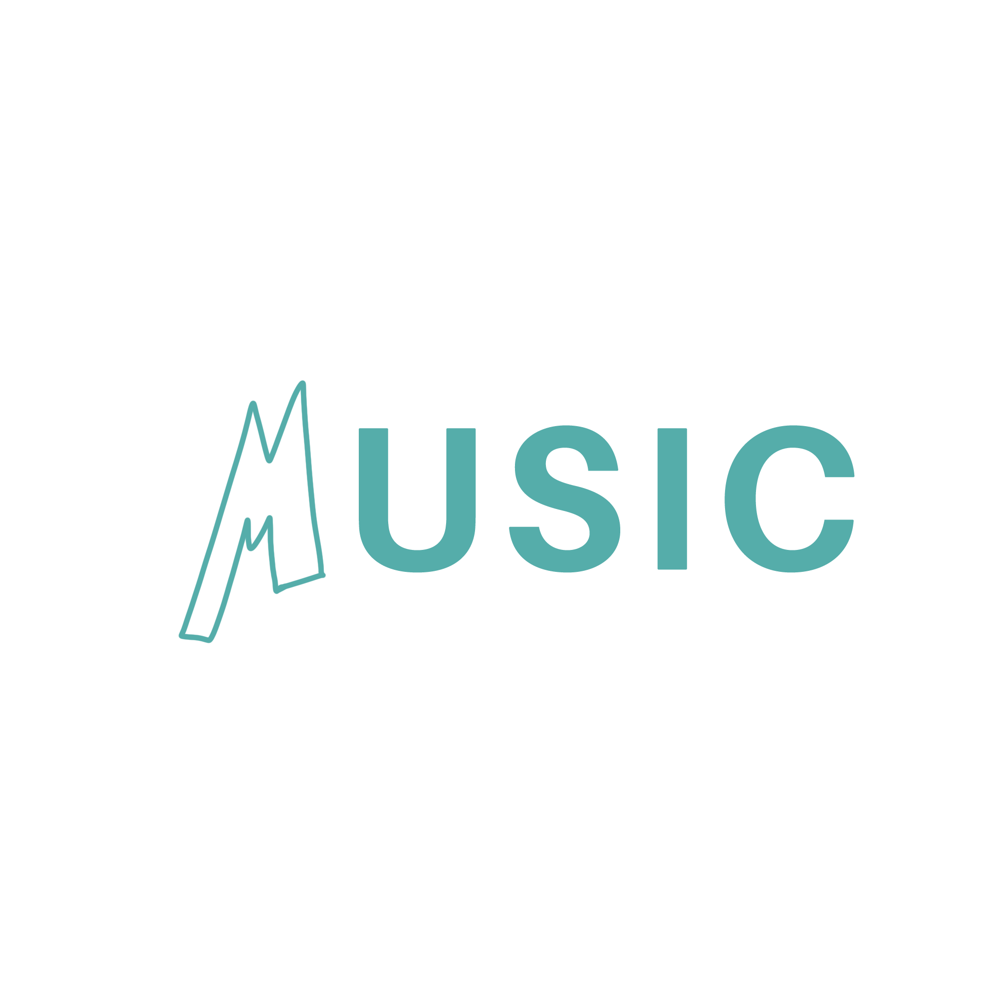 Logo with the word "MUSIC" in light blue letters and a stylized music note design.
