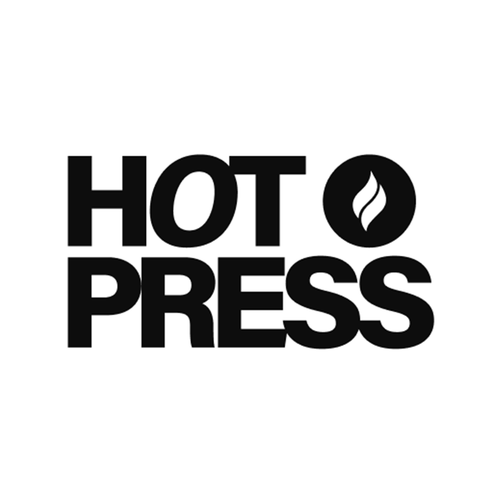 Black and white logo with the words 'Hot Press' and a flame icon inside a circle