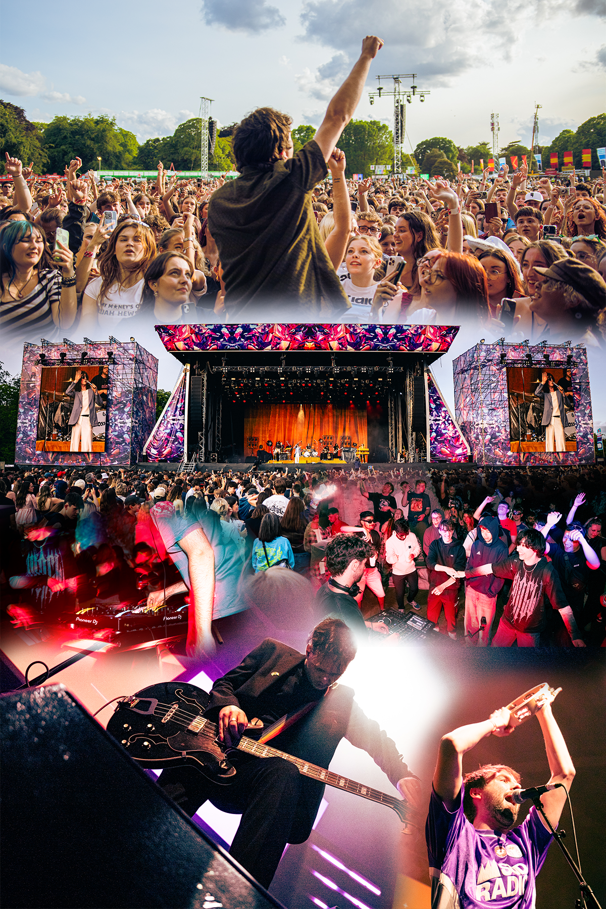 Three-panel collage of a music festival. The top panel shows a male performer on stage with a crowd of fans raising their hands outdoors. The middle panel features a large crowd dancing and enjoying the concert with a stage in the background. The bottom panel displays a DJ and a singer performing on stage under bright lights, with the audience visible in the foreground.