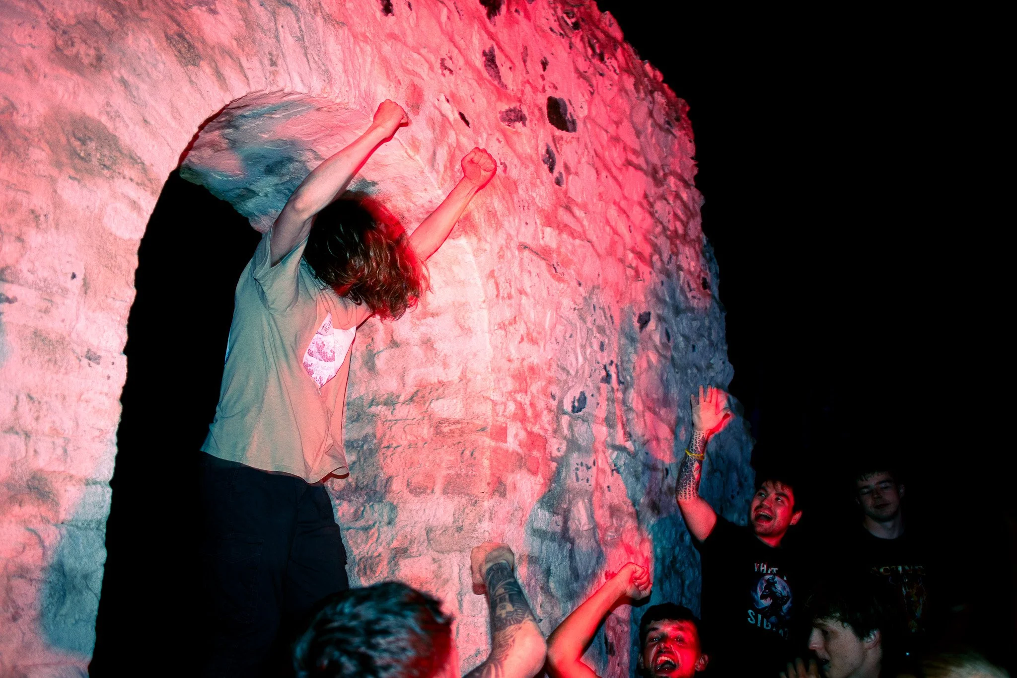Man going crazy, loving the music at a ChildsMind Gig rave. image of outdoor guerilla rave scene in Wicklow, The Octagon. 