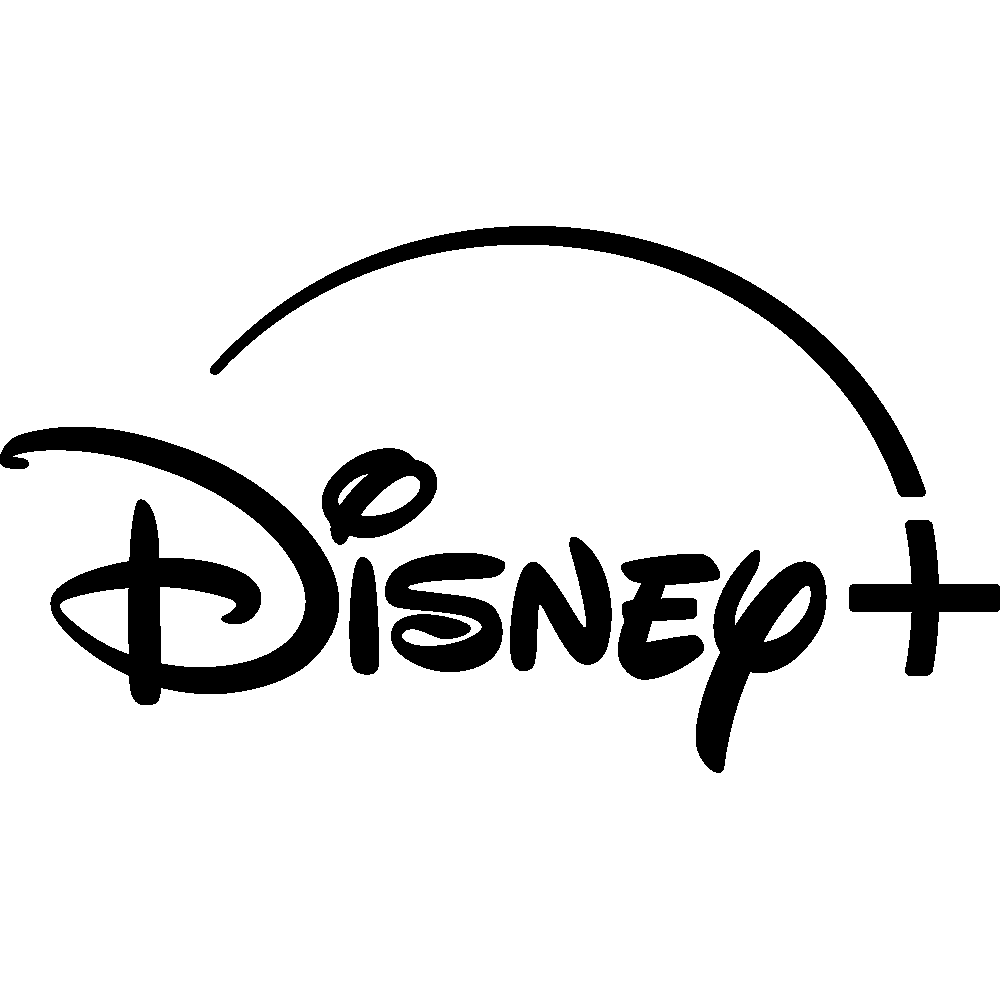 Black and white Disney+ logo featuring the word 'Disney' in playful font with a swoosh above and a plus sign to the right.