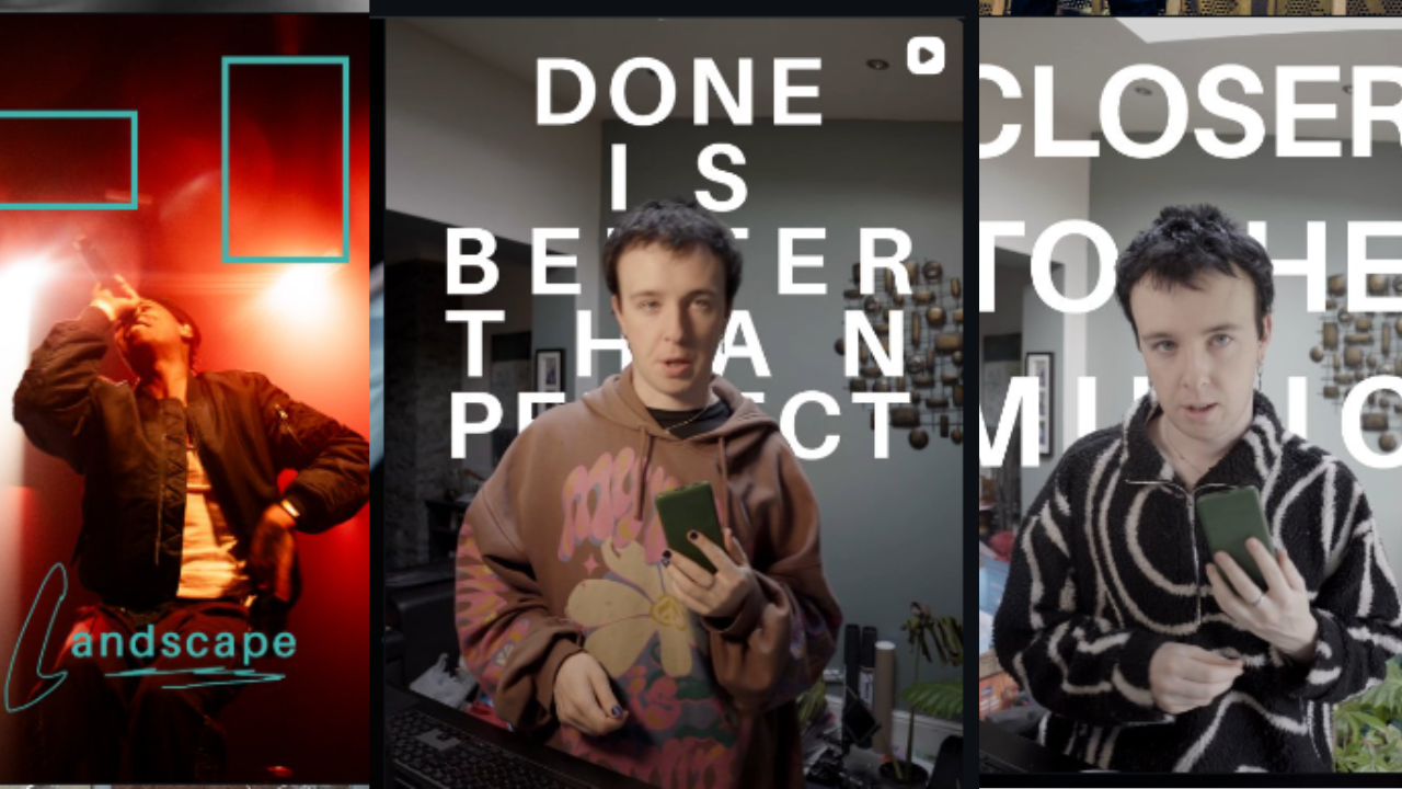Three side-by-side images. The first shows a person in a jacket with a red and black background, with the word "landscape" in blue. The second displays a young man in a hoodie holding a phone, with overlaying white text that says "DONE IS BETTER THAN PERFECT." The third features the same young man in a patterned sweater holding a phone, with similar overlaying text.