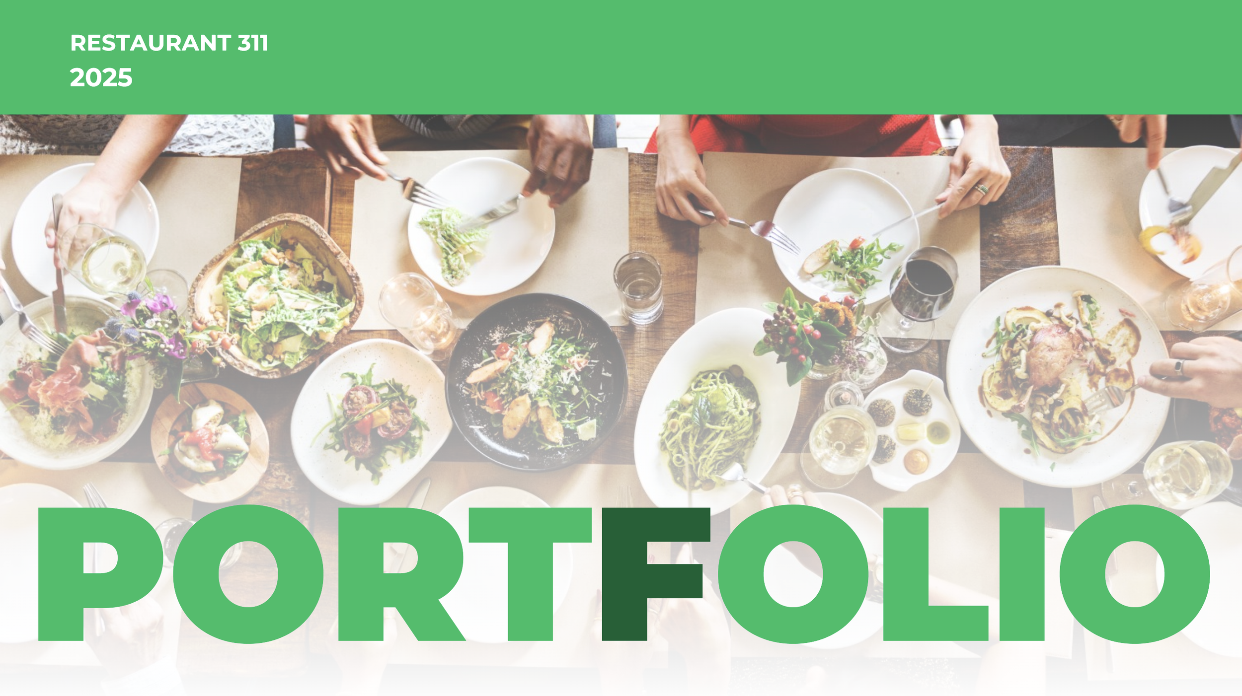 Top view of a table filled with various dishes including salads, pasta, and drinks, with several people holding utensils and reaching for food.