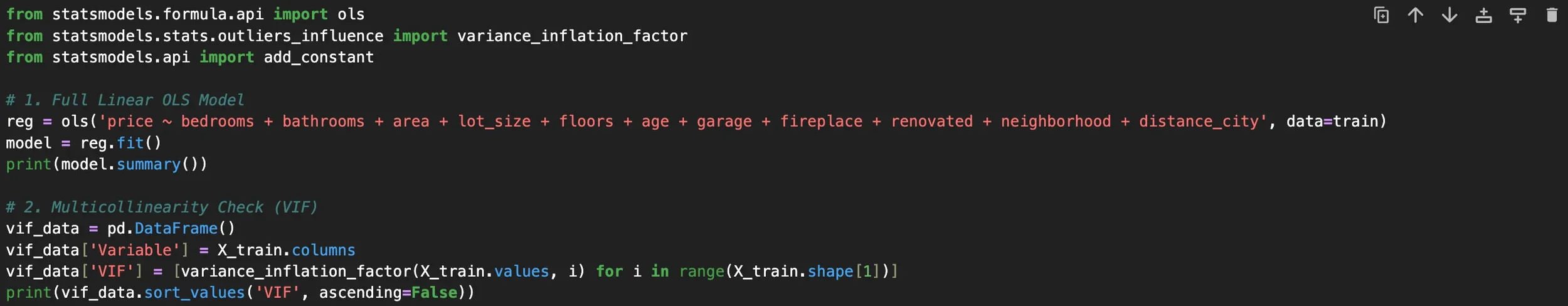Python code snippet calculating Variance Inflation Factors (VIF) for multicollinearity diagnostics in a real estate valuation pipeline.