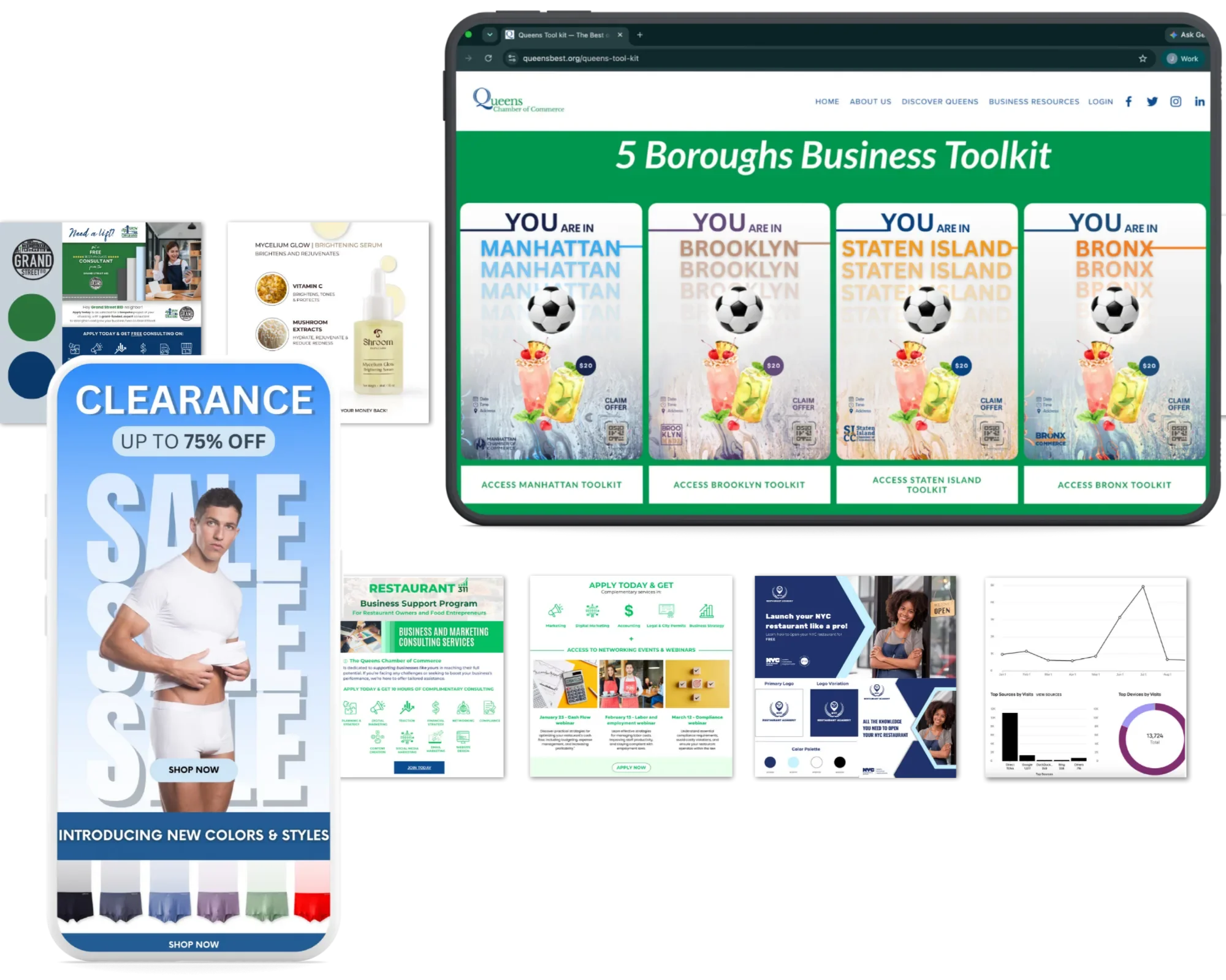 Collage of various marketing and business promotional web pages, flyers, and advertisements featuring offers, consultations, and event information with diverse designs, colors, and images.