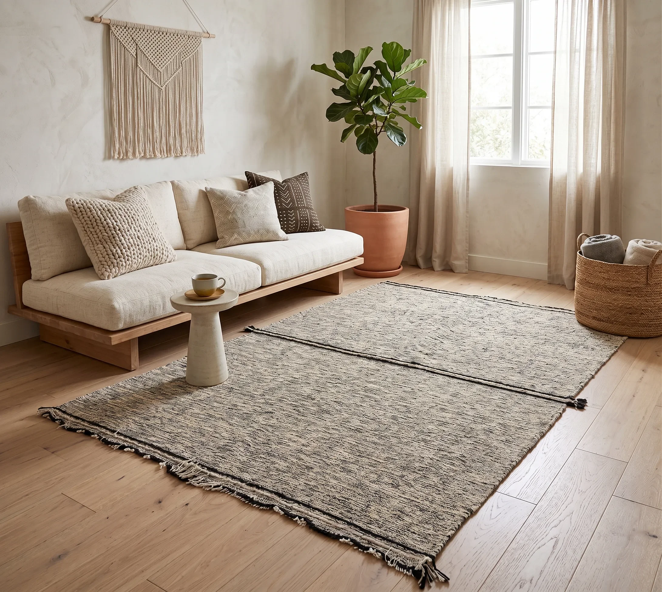 A living room corner with a cream-colored sofa with textured and patterned pillows, a small round side table with a coffee cup, a large potted fig plant, beige curtains, a window allowing natural light, and a black and white woven area rug on light h