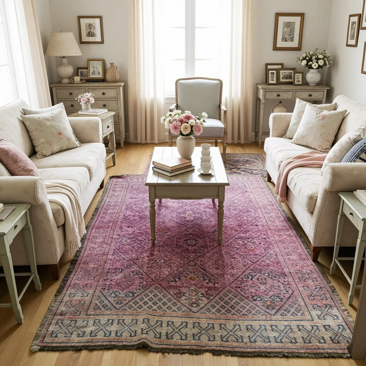 Living room with two white sofas, a pink patterned rug, a wooden coffee table with a vase of pink and white flowers, and two side tables with lamps, picture frames, and decorative items. A chair with a white cushion is positioned in front of the wind