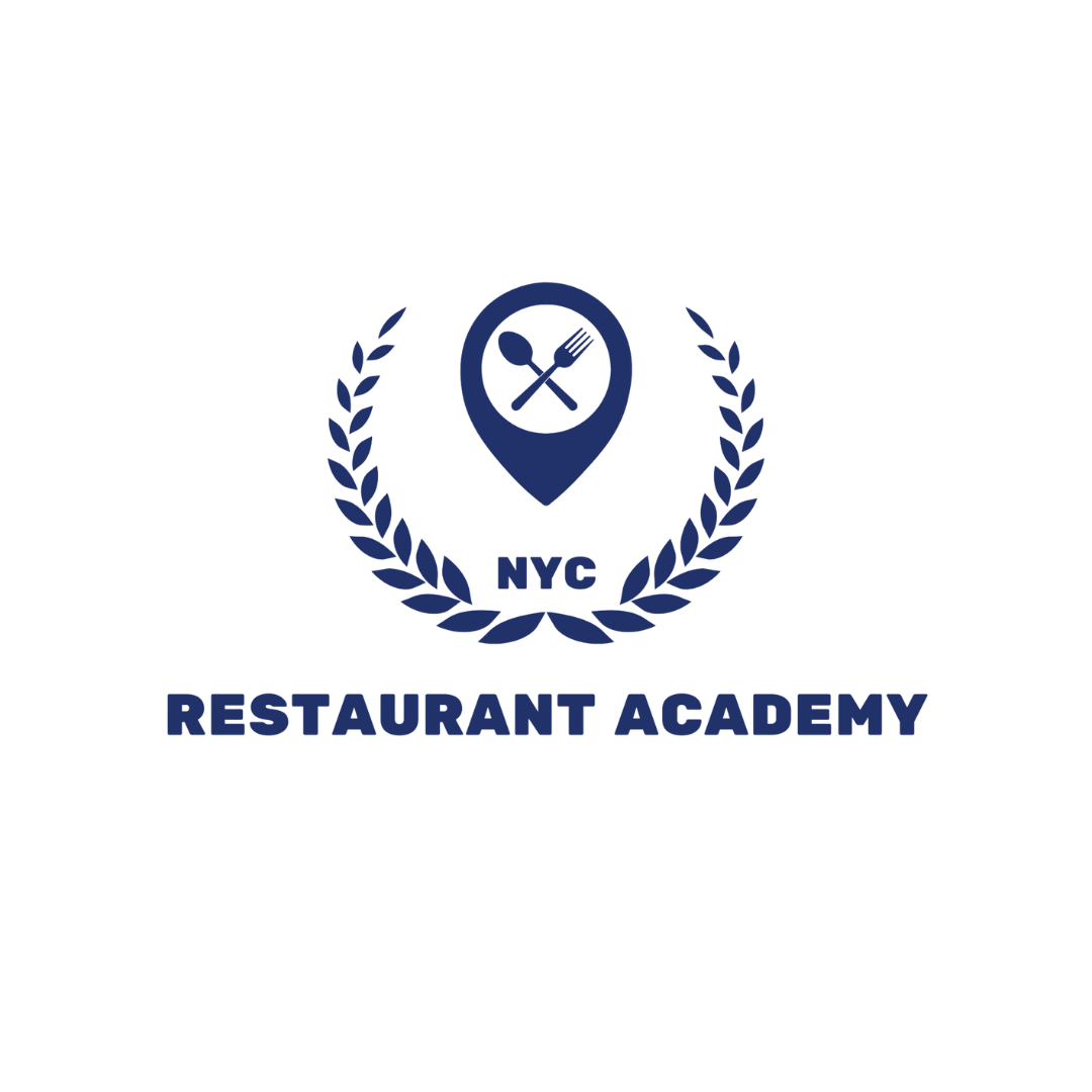 Logo for NYC Restaurant Academy featuring a fork and spoon inside a location pin, surrounded by a laurel wreath, with text 'NYC Restaurant Academy'