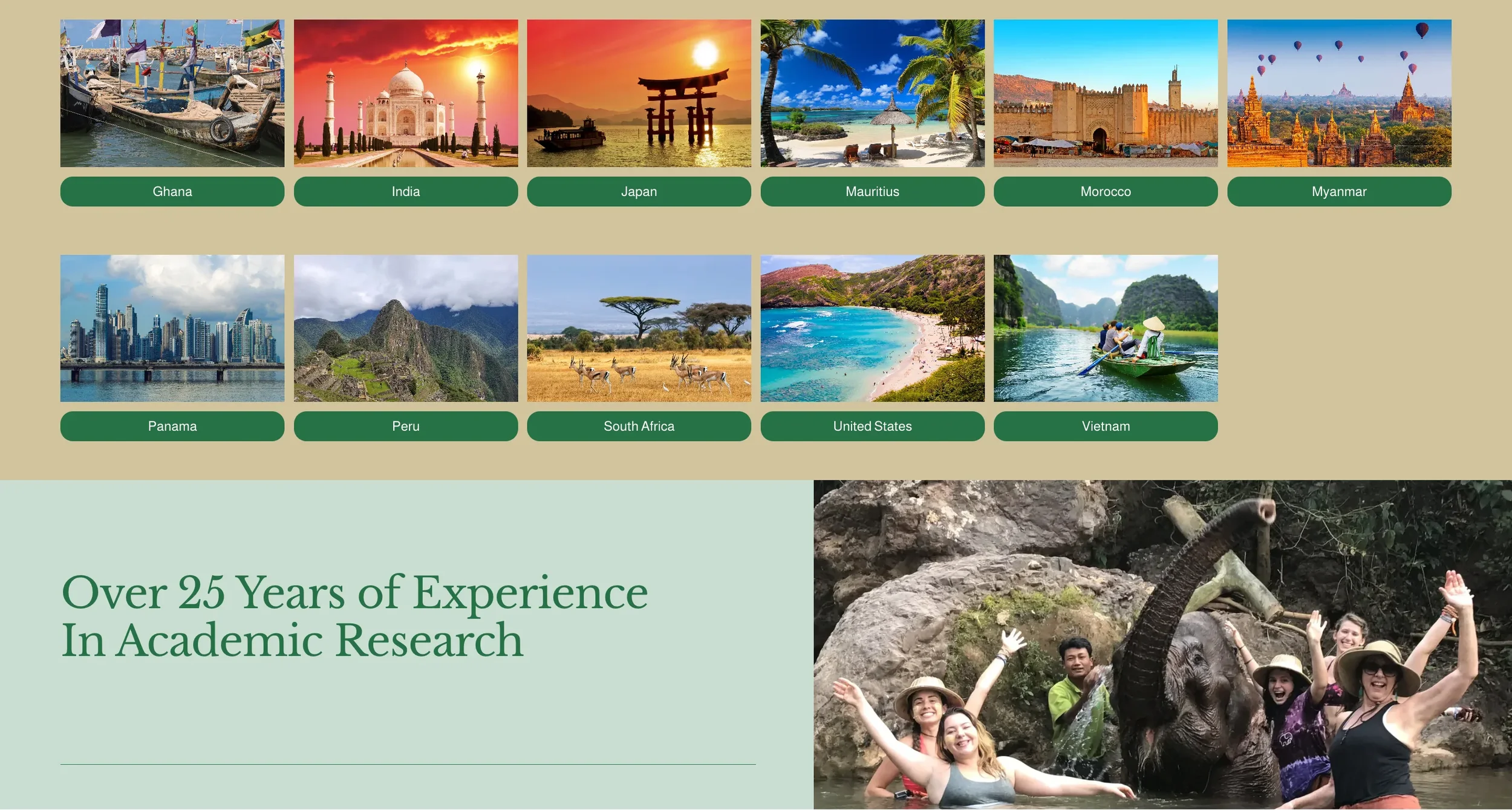 Collage of travel destinations including boats in Ghana, Taj Mahal in India, Torii gate in Japan, beach in Mauritius, Medina in Morocco, pagodas in Myanmar, skyline in Panama, Machu Picchu in Peru, safari in South Africa, beach in United States, and river scene in Vietnam, with a group of people interacting with an elephant below.