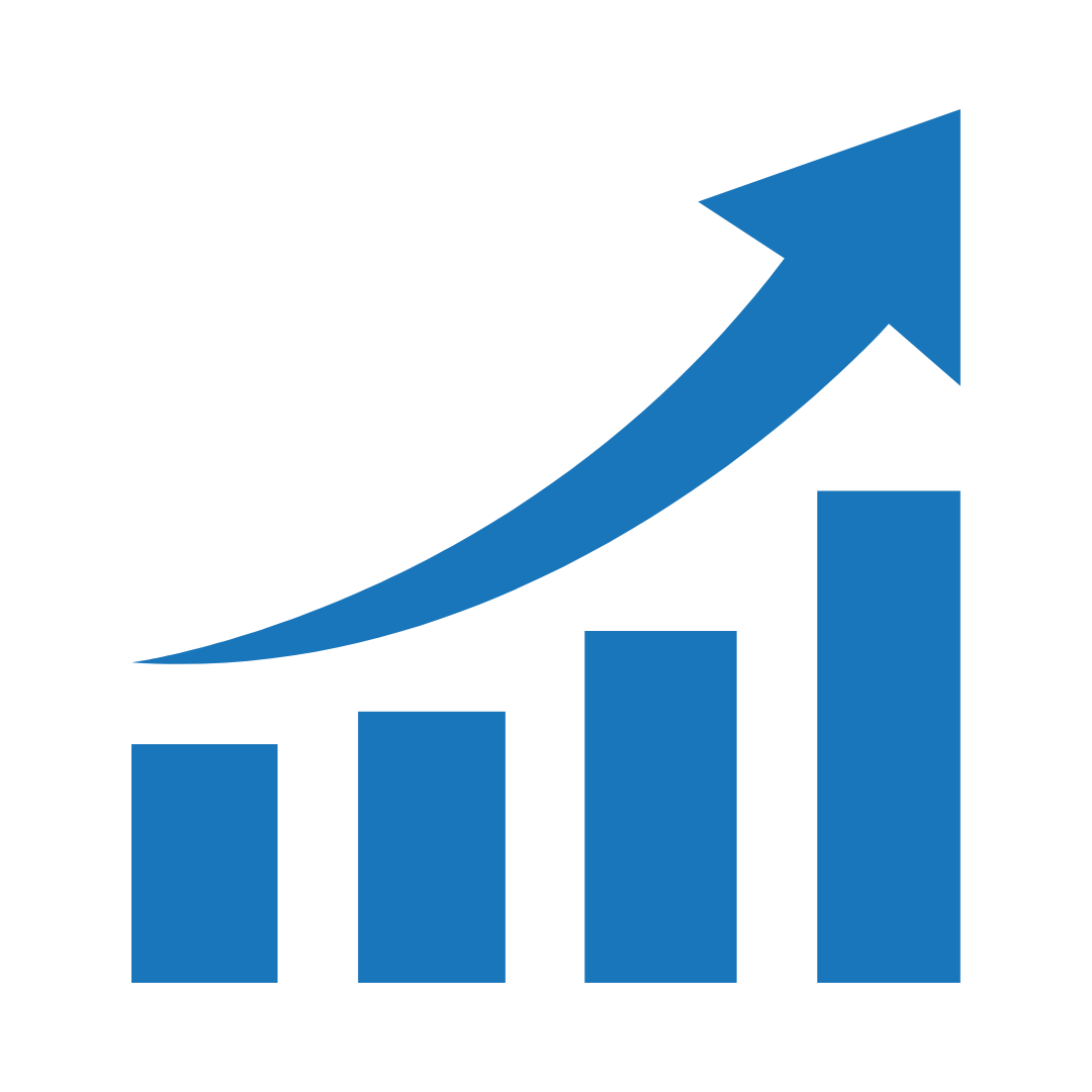A bar graph showing increasing sales with four blue bars rising from left to right, overlaid by a blue upward arrow indicating growth.